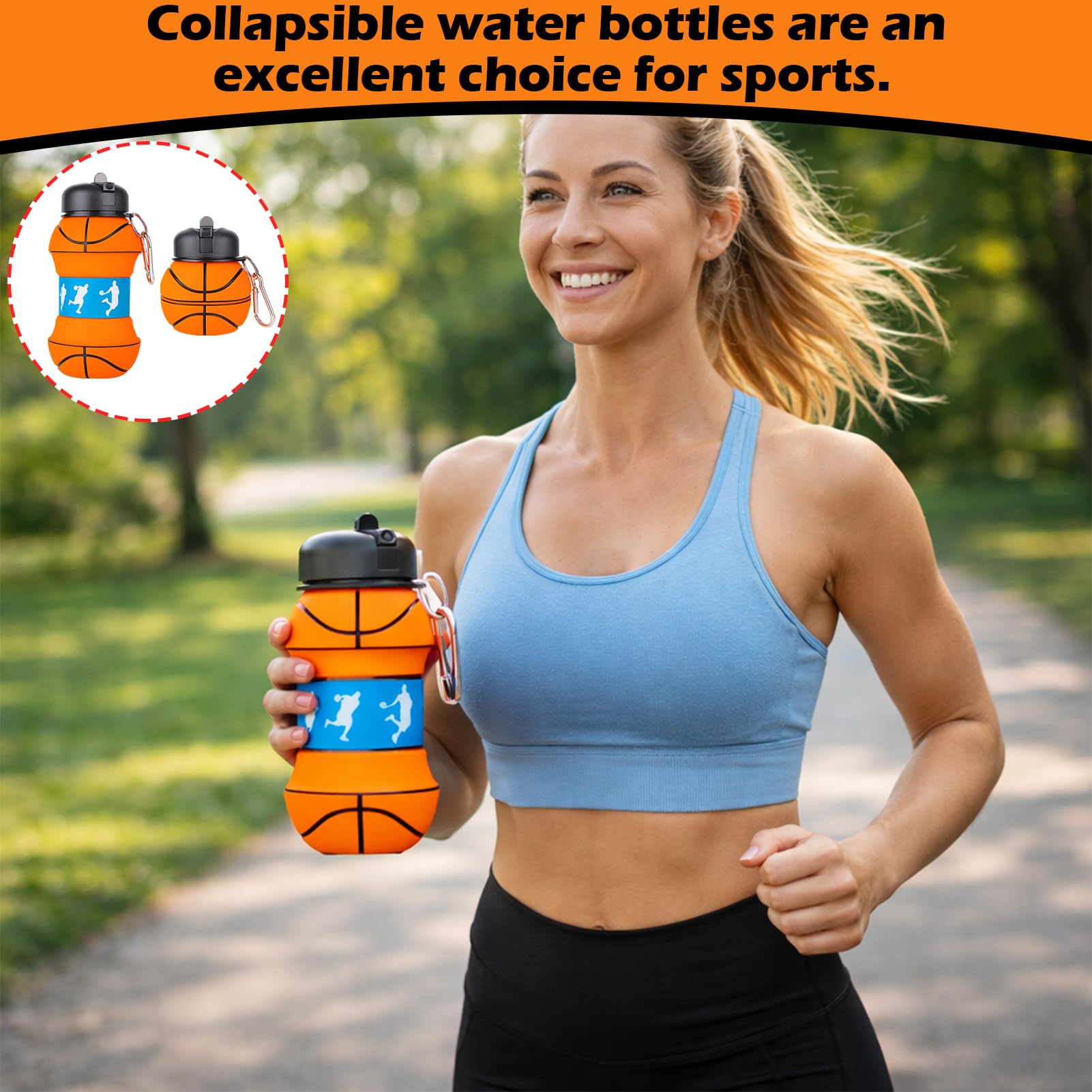 Botella de Agua Plegable de Baloncesto - Botella de Silicona sin BPA, 550ml, Ideal para Deporte y Viaje, Diseño Compacto y Reutilizable (Naranja)