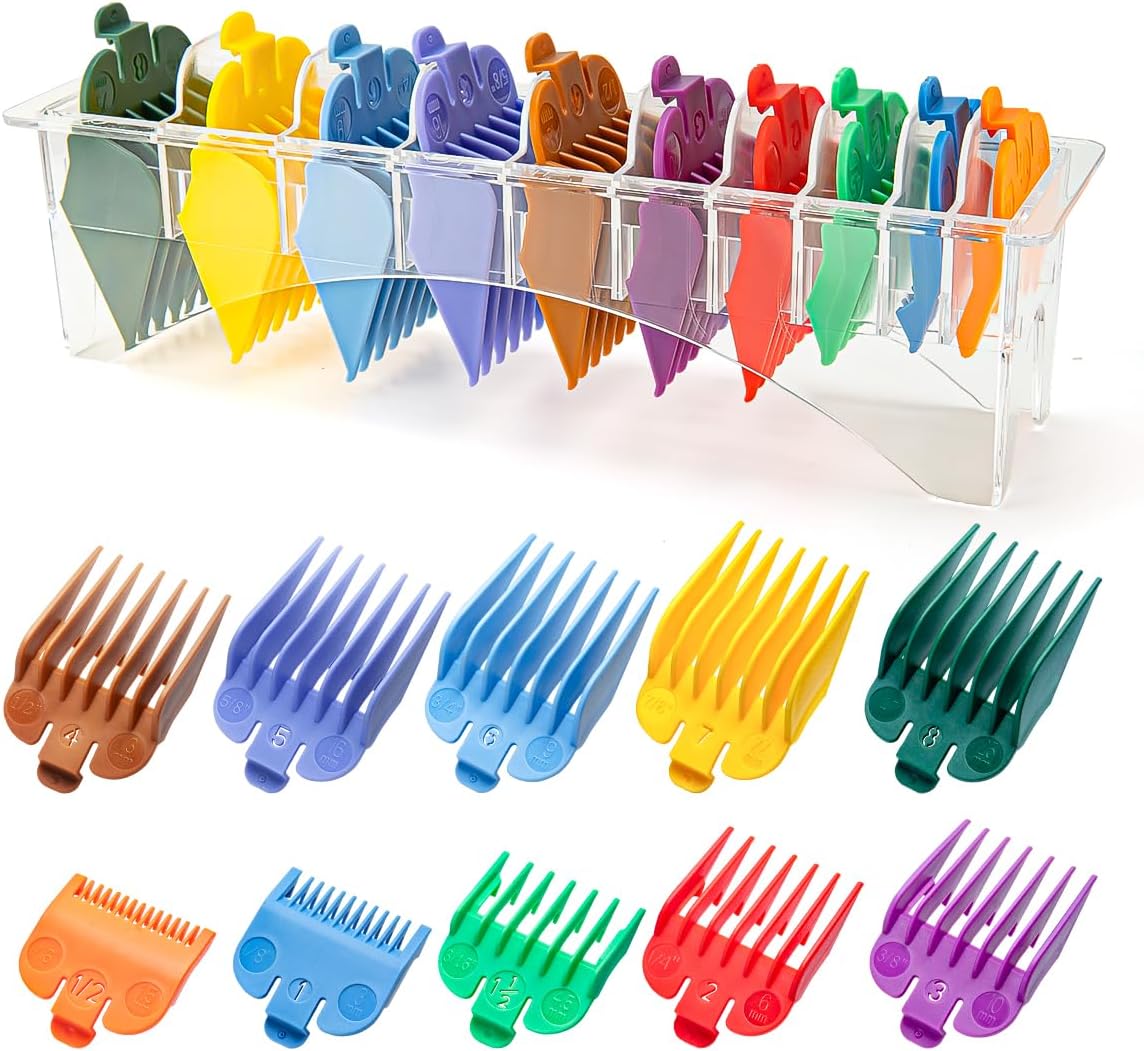 LAVEST 10 Professional Hair Clipper Guards Cutting Guides Fits For Most Wahl Clippers With Organizer,Color Coded Clipper Combs Replacement - 1/16" To 1"