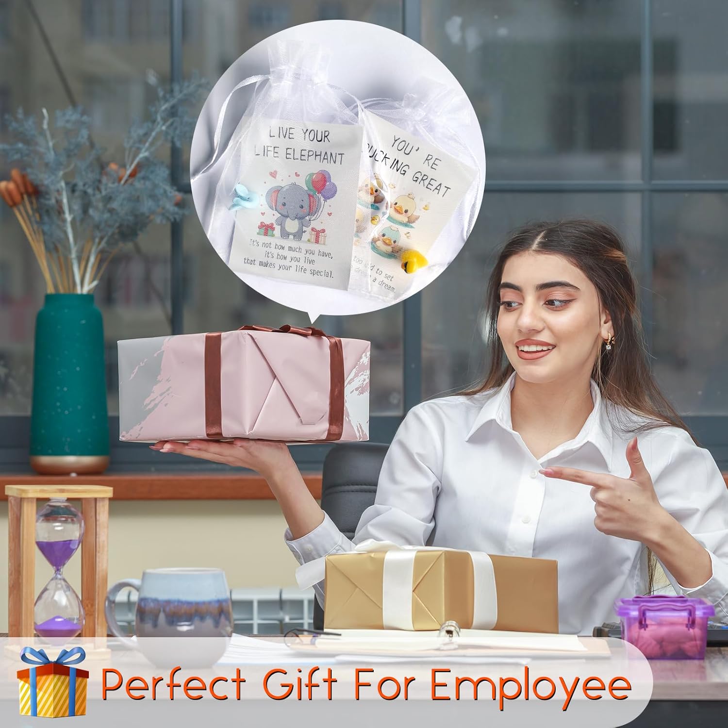 104 Sets Bulk Appreciation Gifts for Staff Employees with Funny Animal Pun Inspirational Cards and Cute Animal Resin Toy Ducks, Bees, Elephants, Owls, Swans, Lions, Frogs and Turtles Office Gifts in Bulk for Staff Appreciation