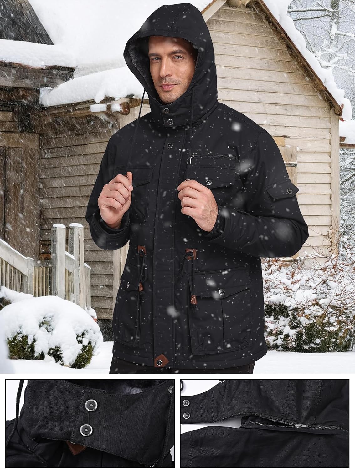 SPOSULEI Winter Jackets for Men Cotton Work Fleece Lined Army Jacket Winter Military Coat with Multi-Pockets Black M - Image 2