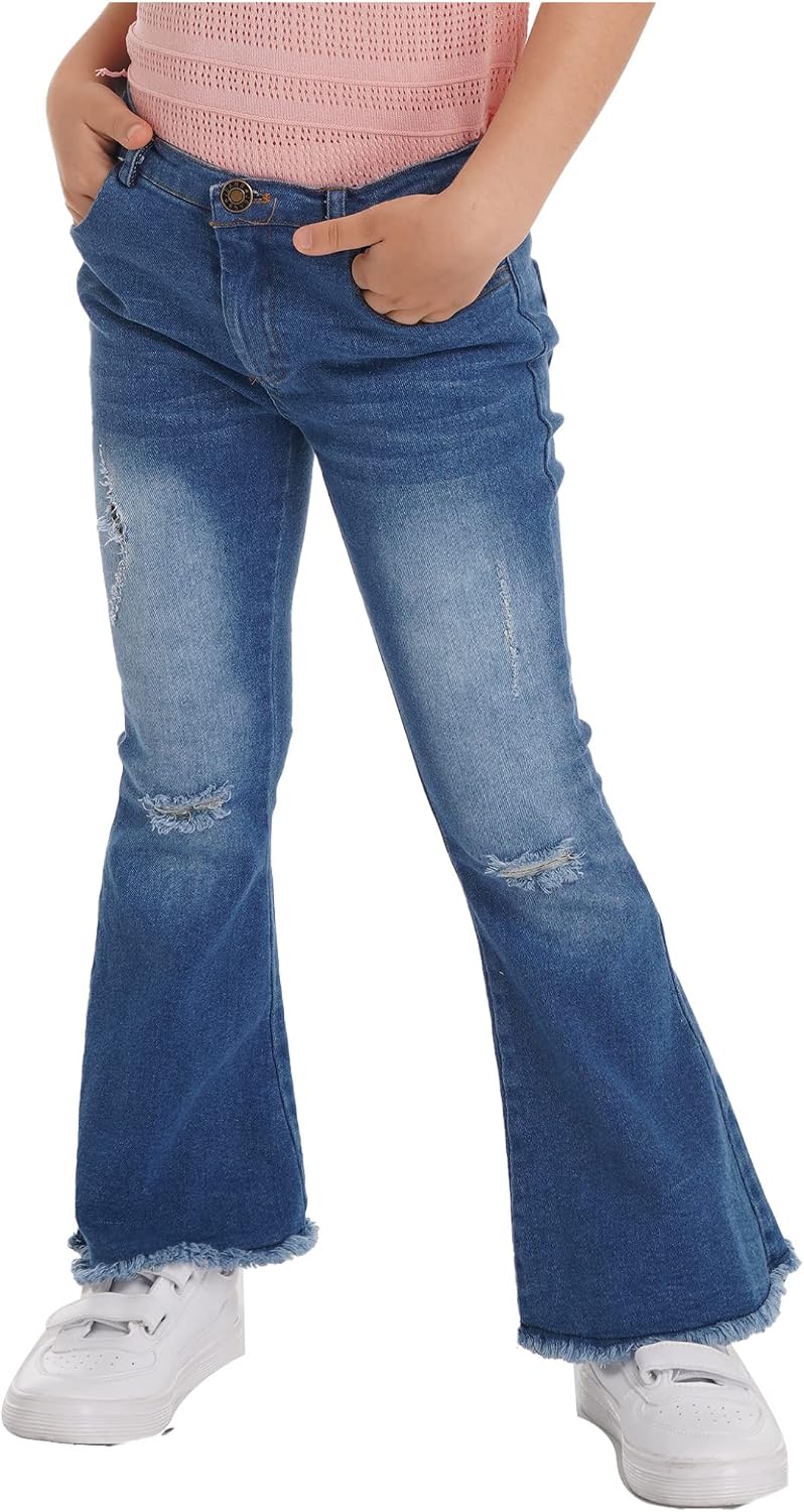 Shinsto Kids Girls Jean Pants Elastic Waist Slim Fit Bell Bottom Denim Pants Leggings Trousers