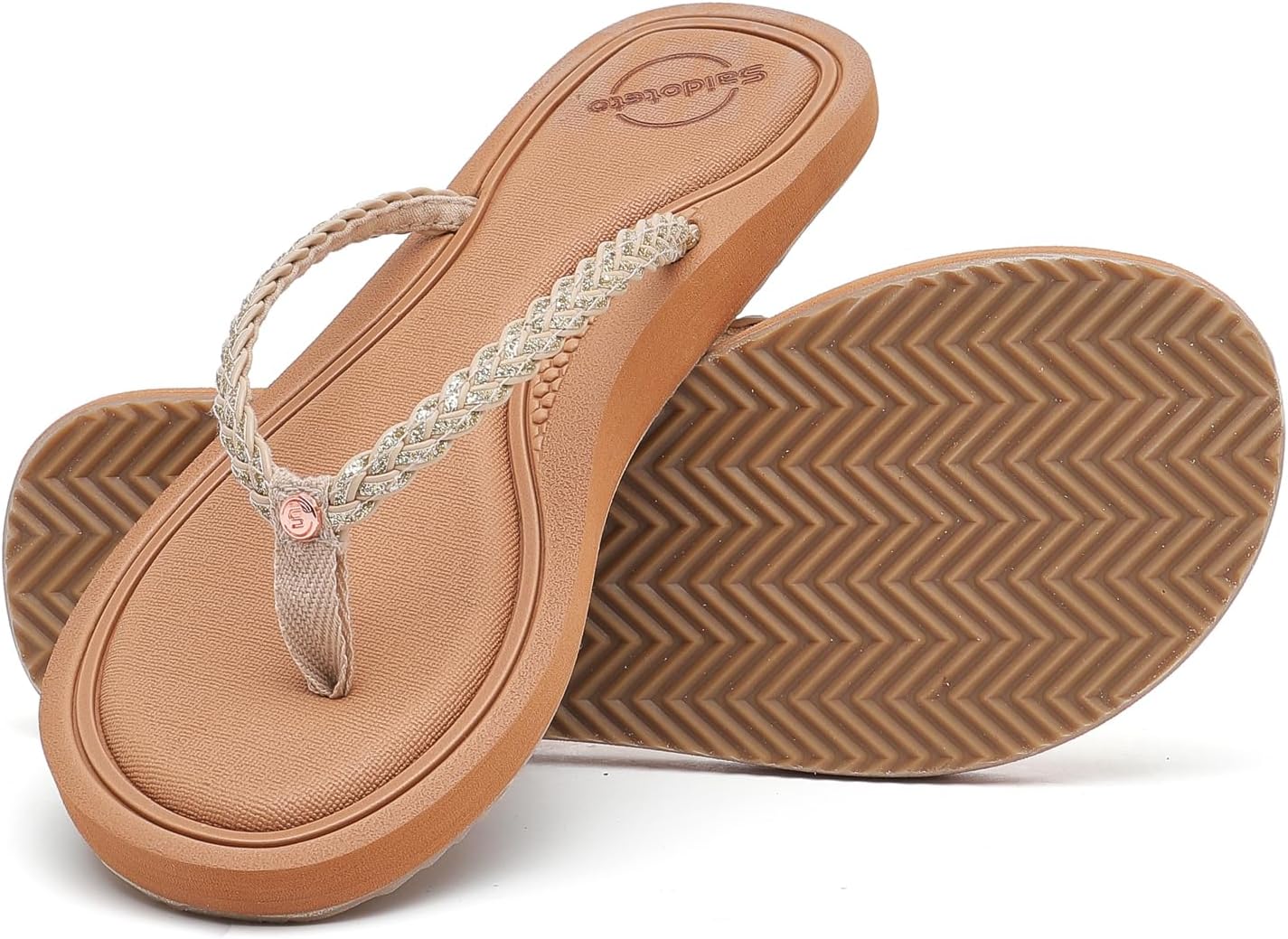 Saidoteto Women’s Glittery Yoga Mat Flip Flops – Casual Slim T-Strap Thong Sandals, Braided Slip-On Beach Summer Shoes