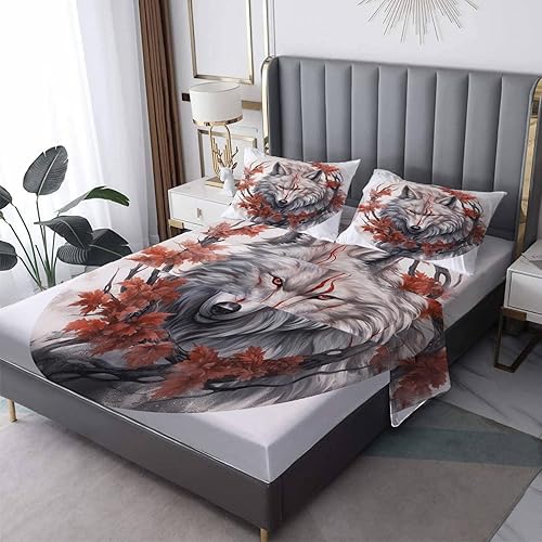 Miniatura 1 de Sábanas de lobo tamaño Queen, sábanas de animales de lobo, sábanas y fundas de almohada estampadas de 4 piezas, sábana bajera ajustable de
