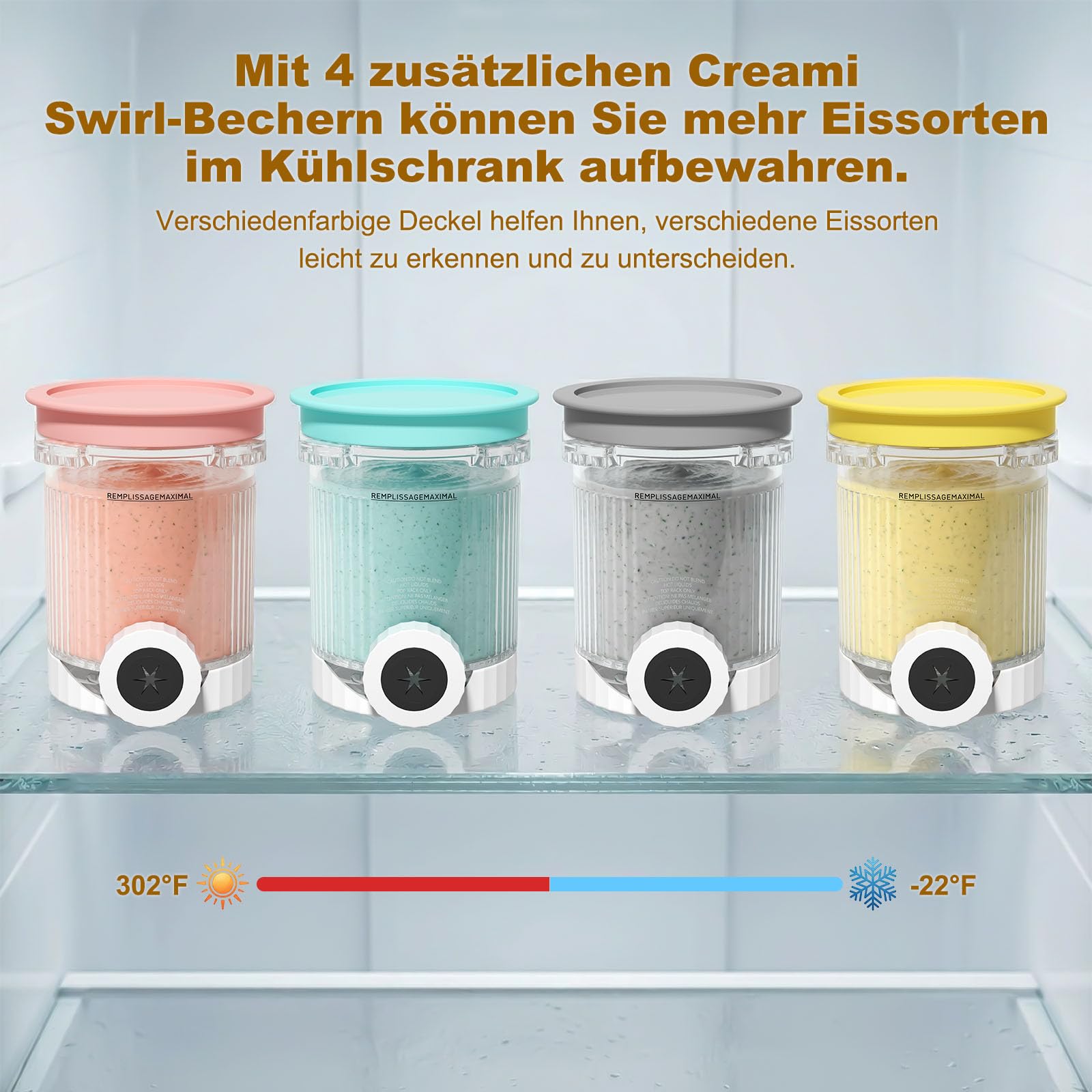 4 Stück Behälter für Ninja CREAMi Swirl, 480ML Eisbehälter für Ninja Eismaschine NC700 & NC701EU Serie, Mit Staubschutzhaube & Rutschfester Griff, BPA-frei & Spülmaschinenfest
