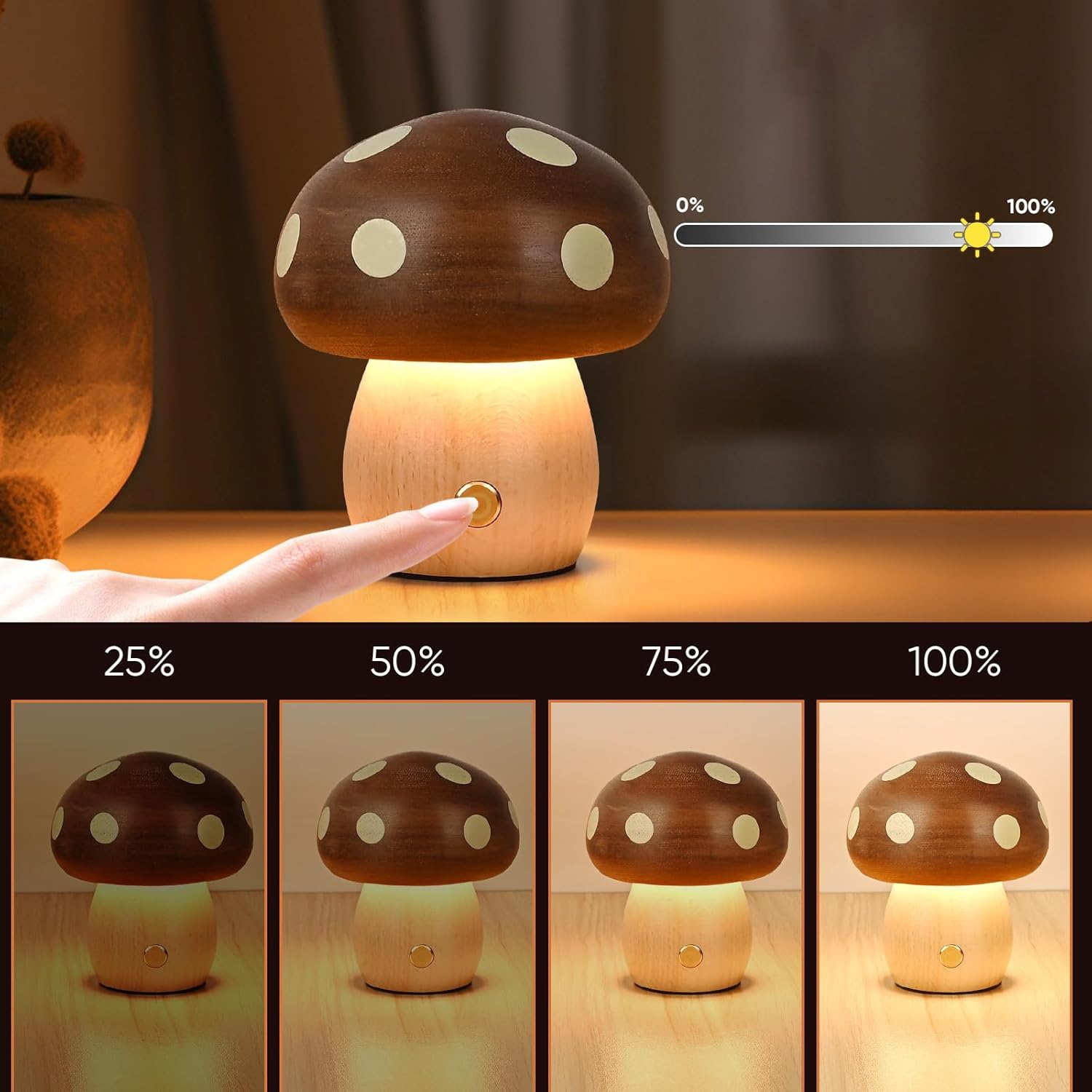 Wooden Mushroom Lamp - Rechargeable Touch Mushroom Night Light, Aesthetic Bedside Light Nature Decor Creative Gifts (Ebony + Beech)