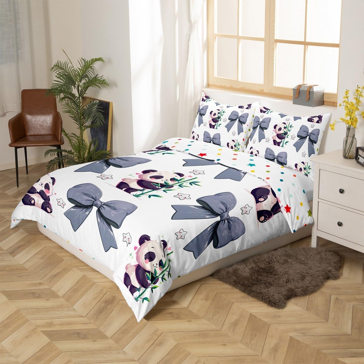 Erosebridal Cute Panda Comforter Cover Toddler Size,Gray Bowknot Duvet Cover for Kids Boys Girls,Kawaii Animal Bow Bedding Set,Cartoon Watercolor Bows Stars Panda Bed Set