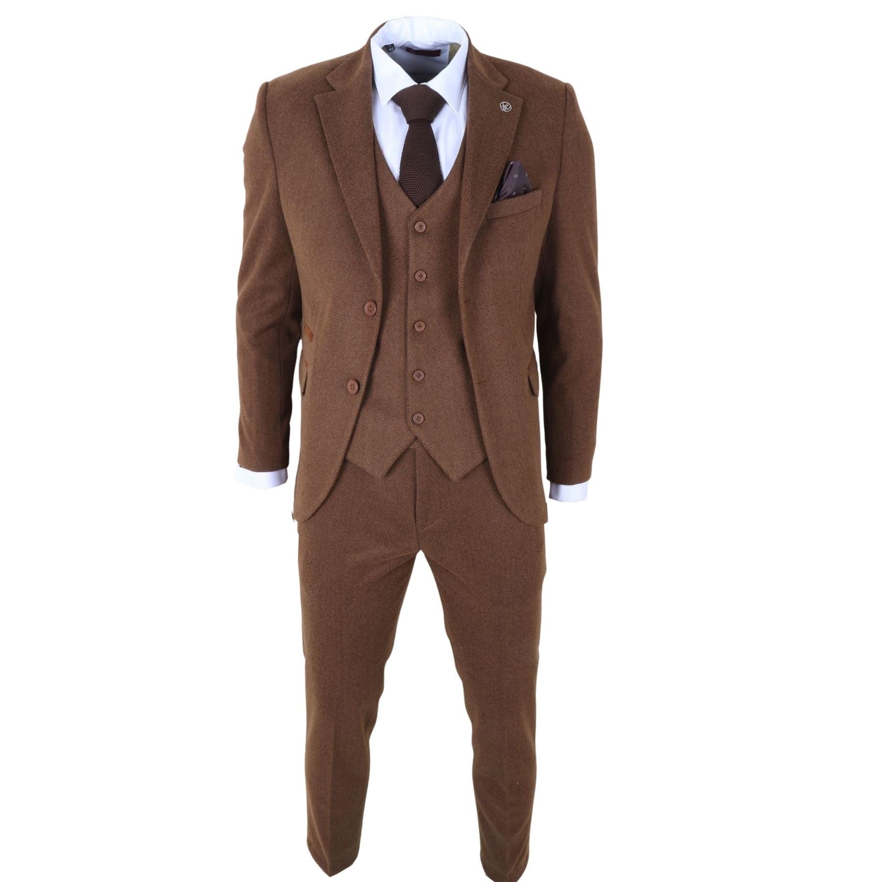 Truclothing Men's Brown Im42 - 3 Piece Tweed Herringbone Suits - 52" Jacket 46" Trousers