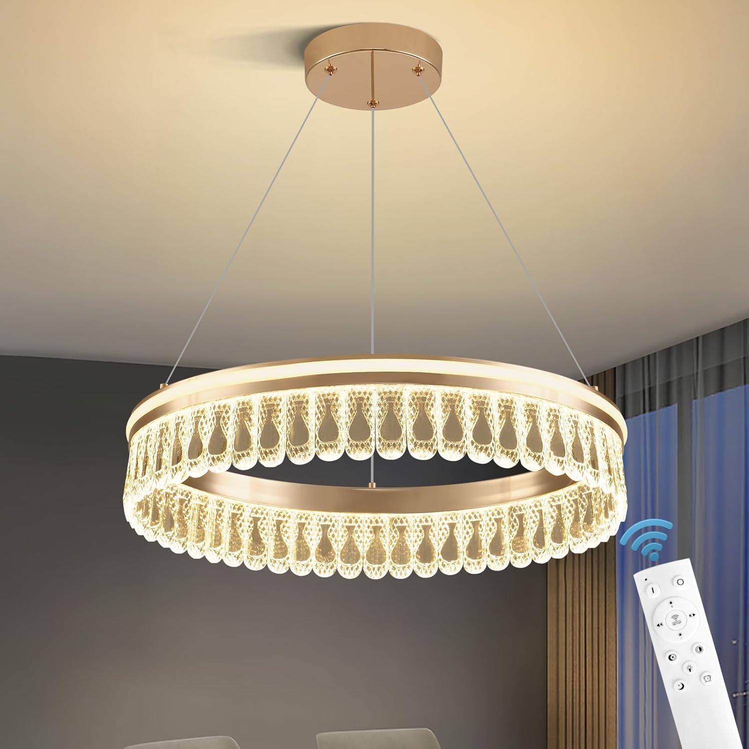 Lampadario Di Cristallo D'Oro,60Cm Rotonda Lampadario Led,Moderno Lampadari Cucina 3000K-6000K Dimmable Luce,Lampadari Sospensione Per Camera Da Letto Cucina Hall,30W