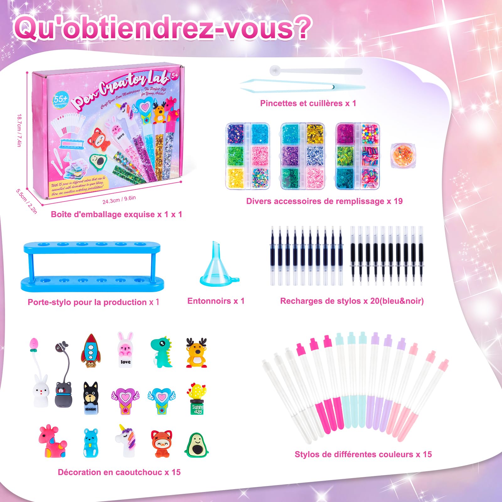 Kazzley Fabrique a Stylo, Kit de Creation Stylo avec 55+ Accessoires, Kit Loisir Creatif Enfant, idée Cadeau Fille 4 6 8 Ans, Activité Manuelle Enfants 5 7 9 10 Ans, Cadeau Anniversaire Fille Garcon