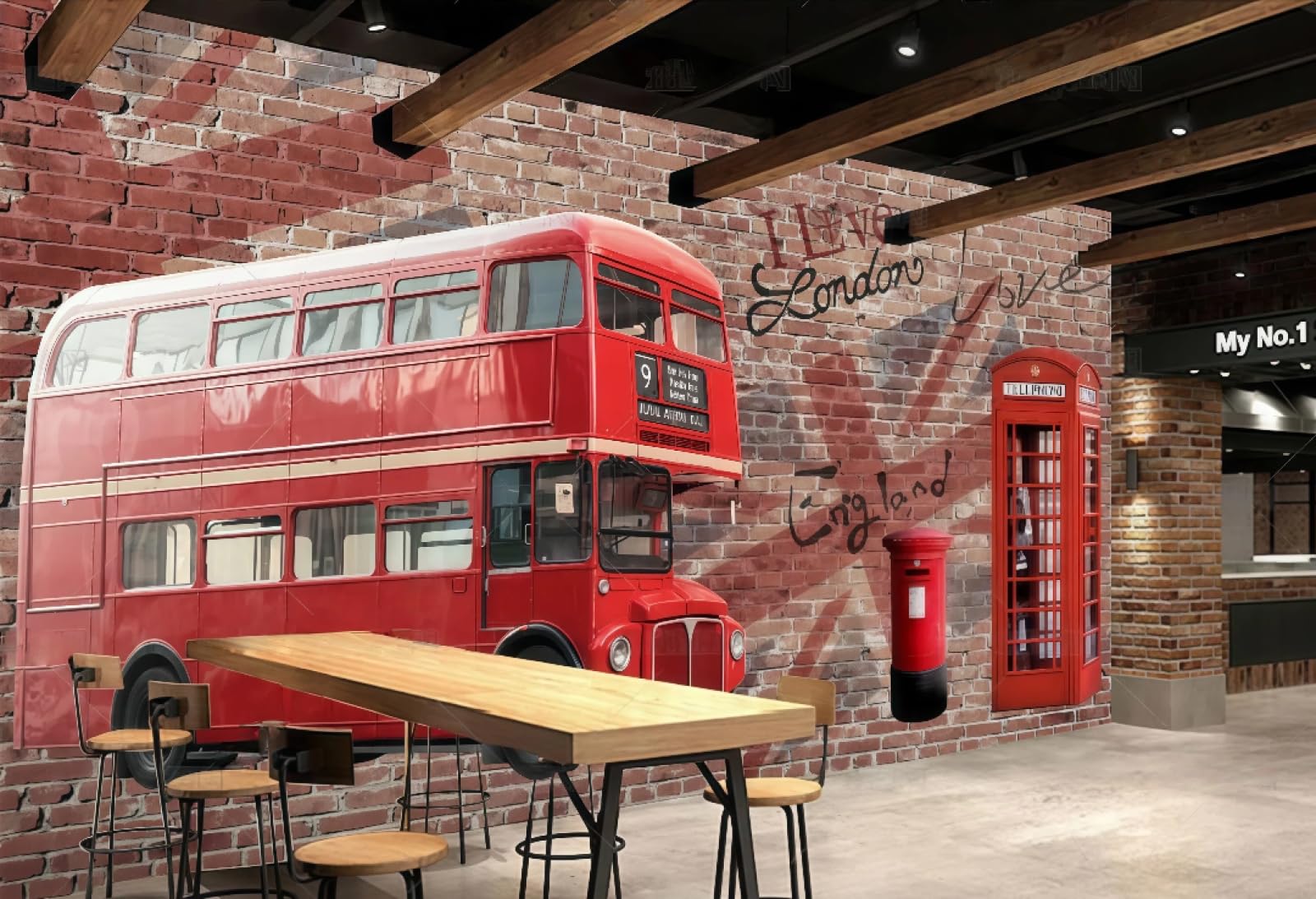 Xdoubao 3D Wallpaper Nostalgic Brick Wall Three-Dimensional Red Bus Telephone Booth Personalized Bar Coffee Shop Background Mural Western Restaurant Wallpaper,,430X300cm