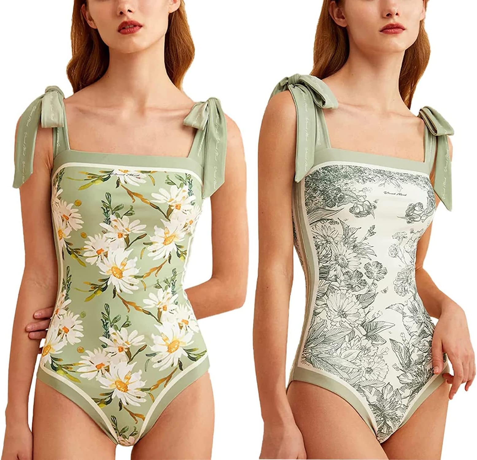 QBLITWomen Floral One Piece Swimsuits,Reversible Tie Shoulder Monokini,Tummy Control Bathing Suits,Square Neck Swimwear