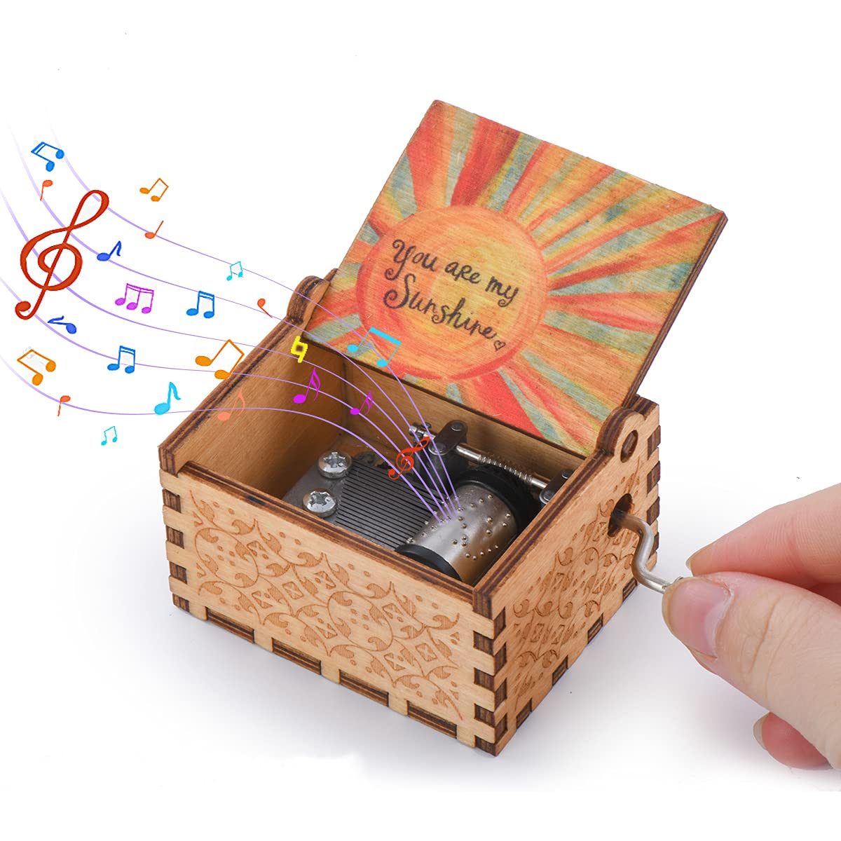 Wood Music Box, Wooden Hand Crank Musical Instrument with Melody You’re My Sunshine Gift to Family Friend Lover Classmate (You're My Sunshine)
