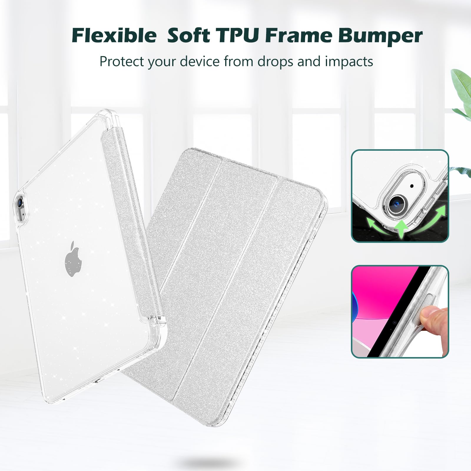 ProCase Cover iPad 11 Generazione A16 11 Pollici 2025/iPad 10 Generazione 10,9 Pollici 2022,Custodia con Portapenna Auto Sonno/Veglia -Glitter Argento