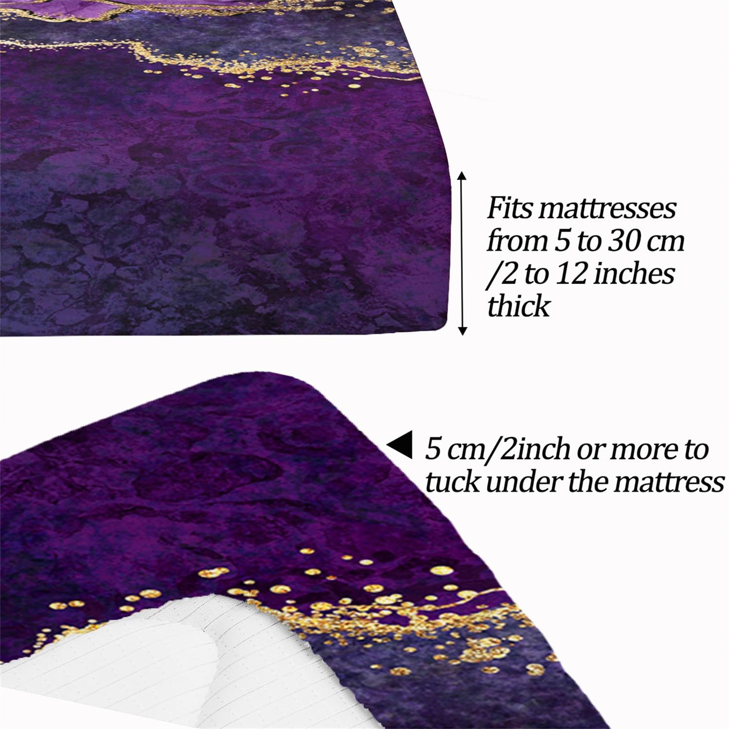 Bedding Drap Housse 160x200 cm Marbre Violet Draps-Housses Microfibre brossée Doux et Respirant Lavable en Machine pour des Matelas jusqu'à 30 cm de Hauteur