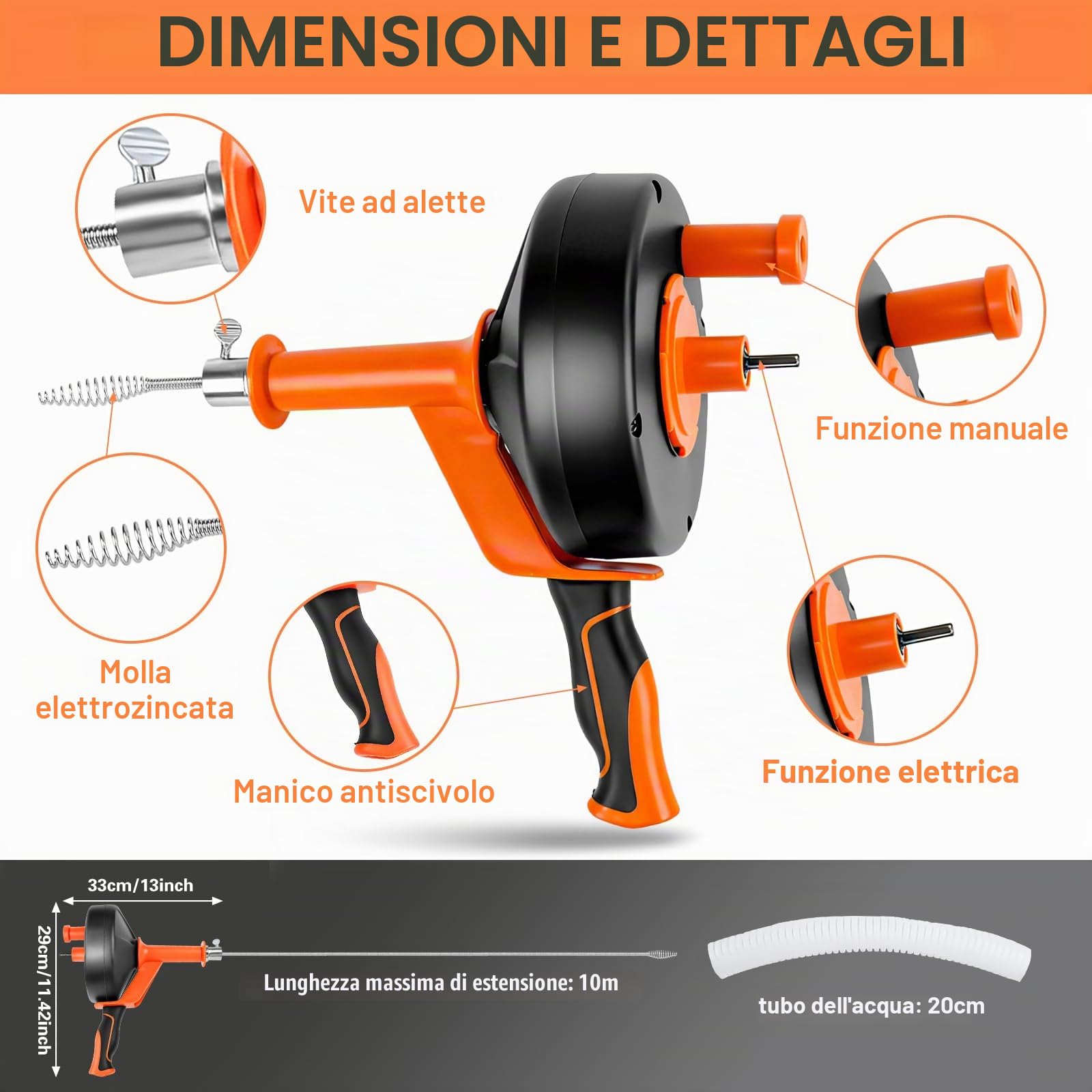 Sonda Sturatubi 10 m, Molla Sturatubi Professionale per Stura Lavandini e Scarichi, Elettrico & Manuale Stura Tubi di Scarico con Attacco per Trapano, per Cucina, Bagno, WC