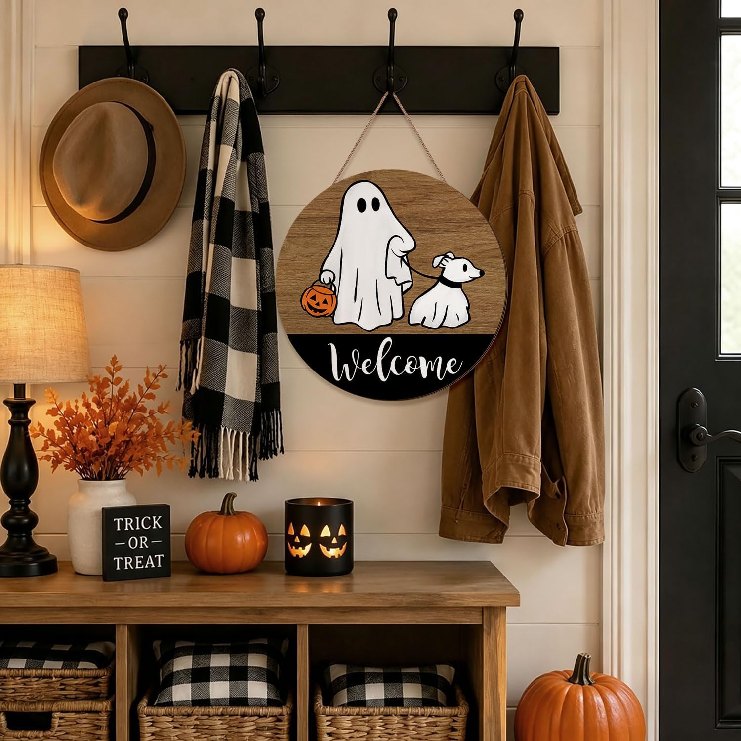 Halloween Ghost Walking Dog Door Sign Decorations Round Welcome Wood Wreath