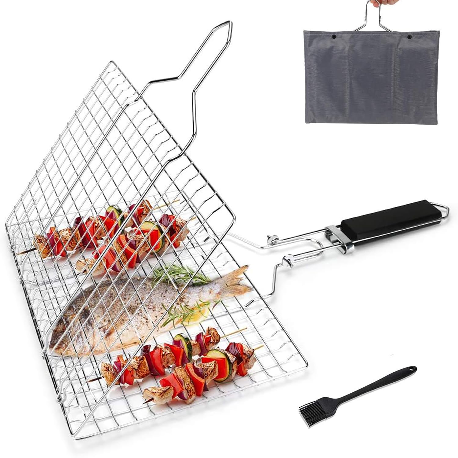 Pecco BBQ Grilling Basket, Foldable Stainless Steel Barbecue Grill Basket for Fish Vegetables Shrimp with Removable Handle, Basting Brush and Storage Bag 32x22cm