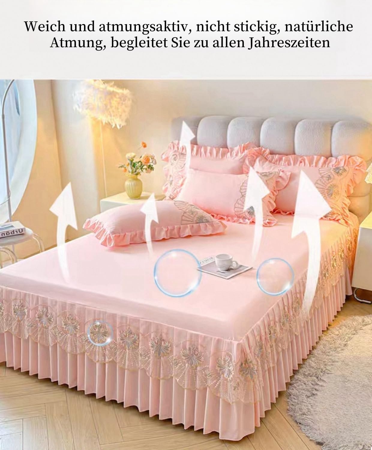 Bettrock Mit Rüschen Einfarbig Bestickt Bed Skirt Umwickeln Betthusse Polyesterfaser Weich rutschfest durch elastisches Band Maschinenwaschbar für 43cm Hohes Bett(D,150cm*200cm)