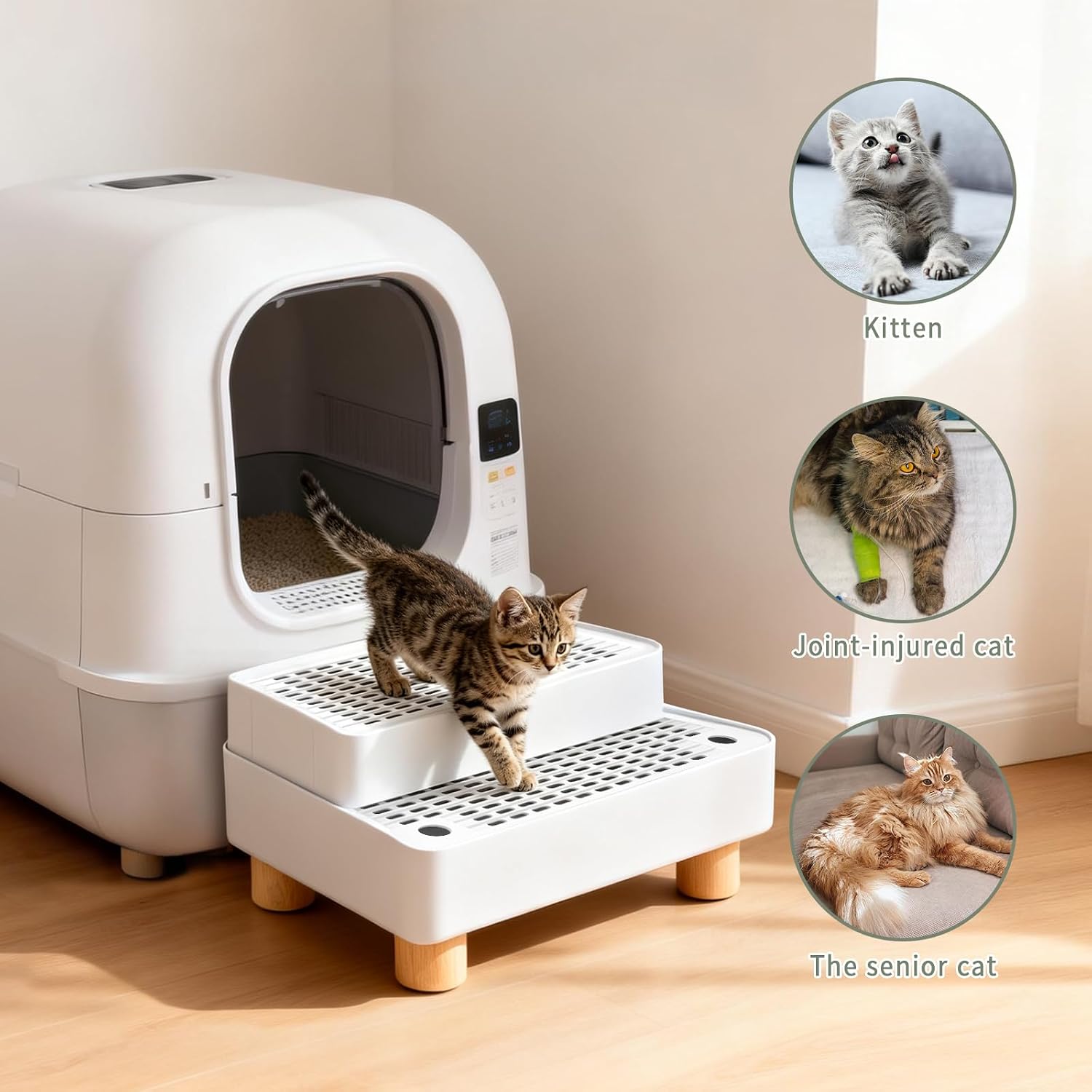 Elevated Cat Ramp for Litter Box, 2 Steps Cat Pedal Step Stool with Wooden Base, Detachable Double Layered Cats Litter Trapper, Suitable for Small&Elderly Cats, Non-Slip (White)