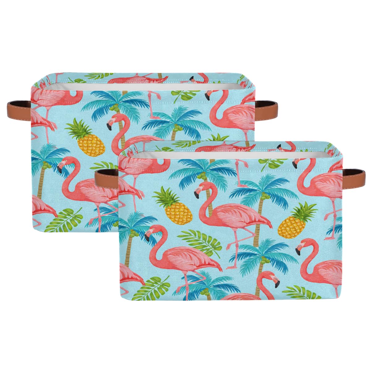 Rechteckiger Aufbewahrungskorb mit tropischem Flamingo, Ananas, Palme, mit Ledergriffen, faltbarer Stoff-Aufbewahrungskorb für Schrank, Badezimmer, Wohnzimmer, Büro, Spielzeug, Organizer