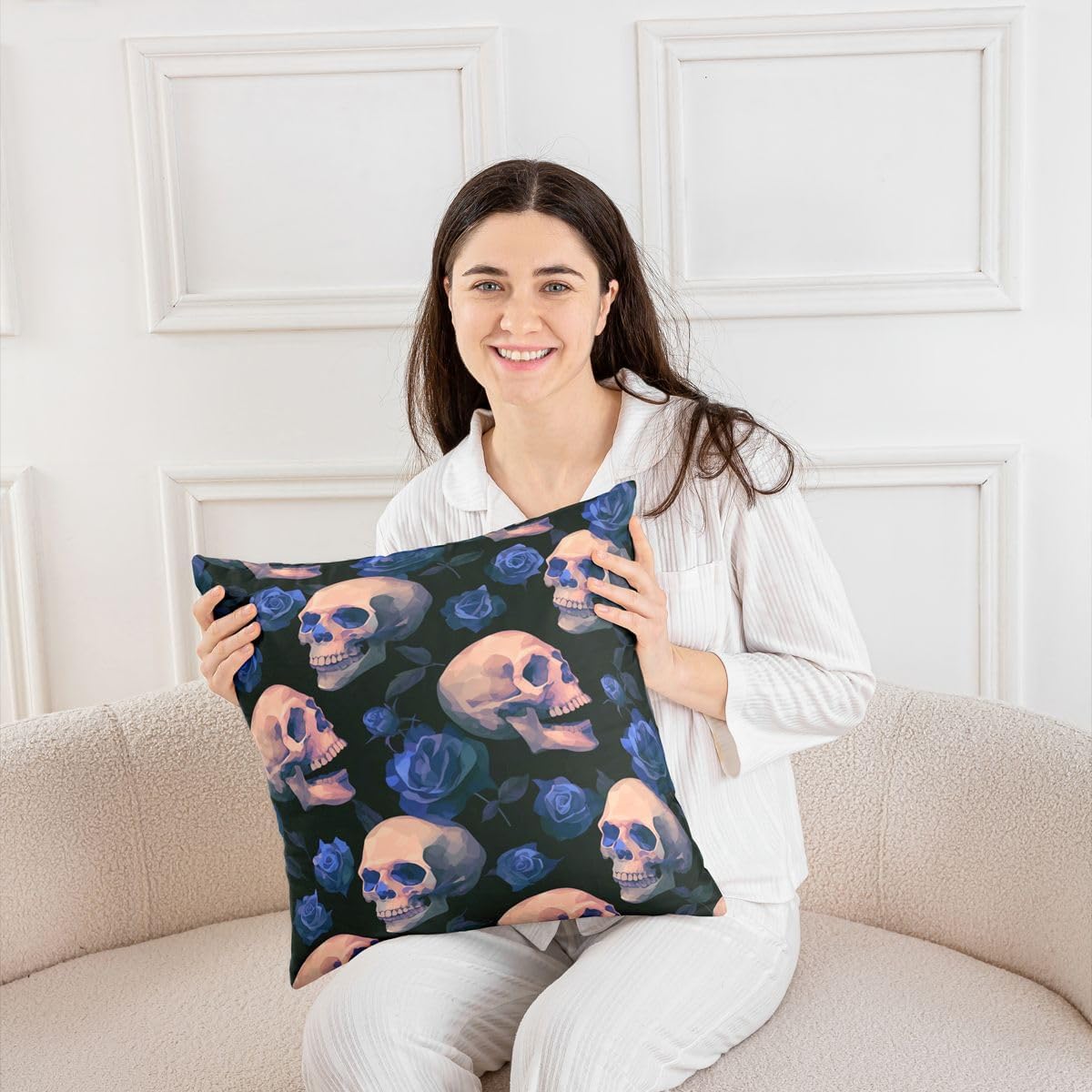 Erosebridal White Blue Sugar Skull Skeleton Set of 2 Throw Pillow Covers 24x24 Inch | Gothic Flowers Rose Cushion Covers Valentine Floral Cushion Cases Adults Women Decorative Pillowcases