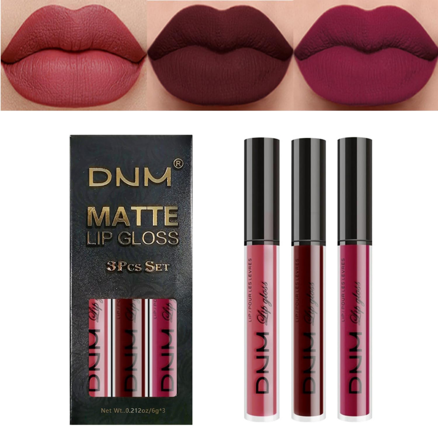 3 PCS Matte Lipstick Set, Ruby Red Lipstick Pink, Transfer Proof Lipstick, Nude Long Lasting Lipstick, 24-Hours Permanent Stay On Liquid Lipstick Set, Waterproof Dark Red Lip Gloss Lipstick (Set #06)