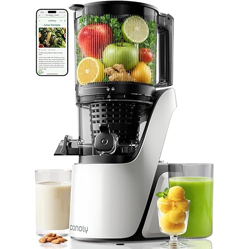 Canoly C16 Cold Press Juicer, with a 6" Wide Chute & Self-Precut, 3-in-1 Strainers (Juice & Sorbet & Nut Milk), BPA-Free Construction, Powered by a AC Brushless Motor (Pearl White)