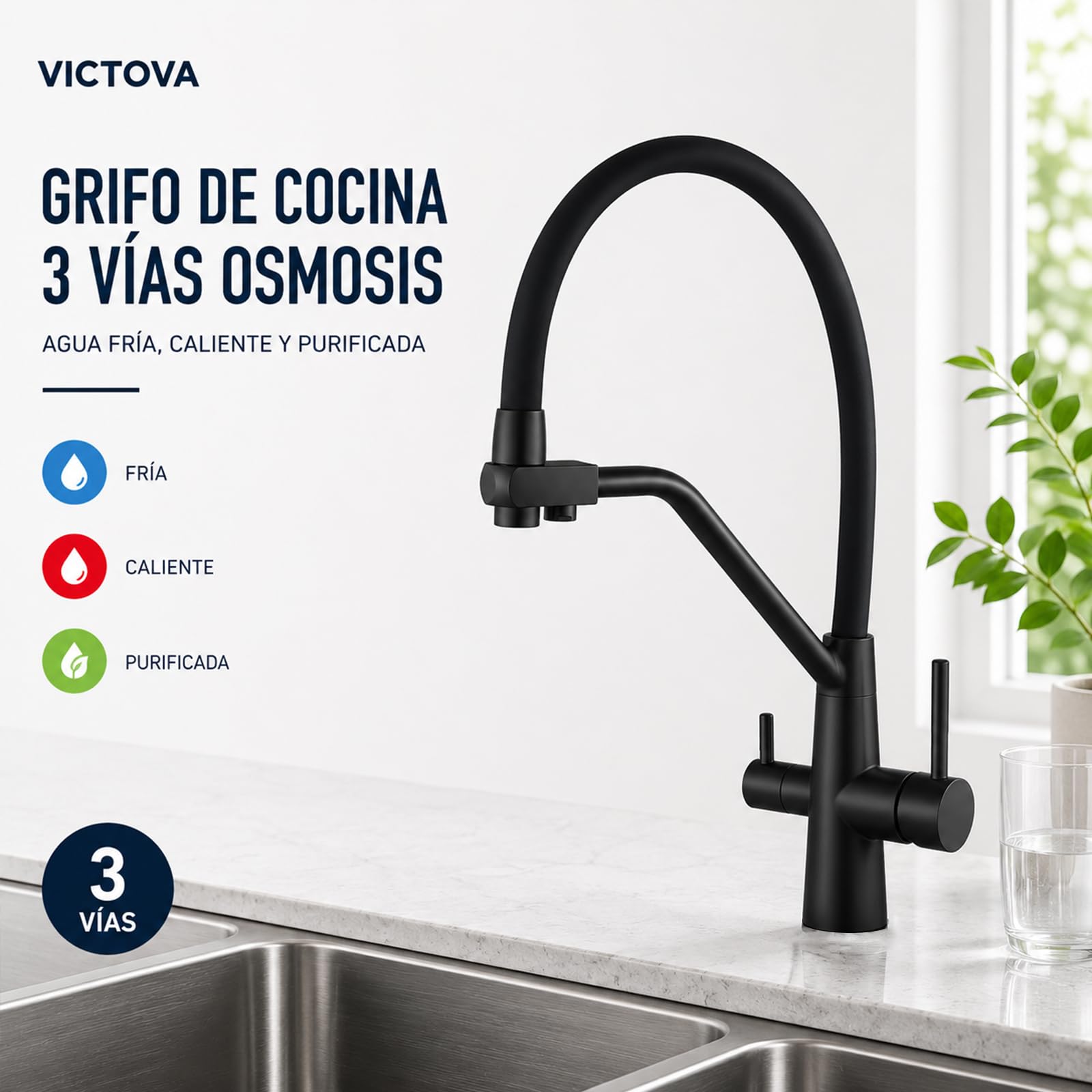 Grifo de Cocina 3 Vías Negro Satinado para Ósmosis, Agua Fría y Caliente, Latón Macizo
