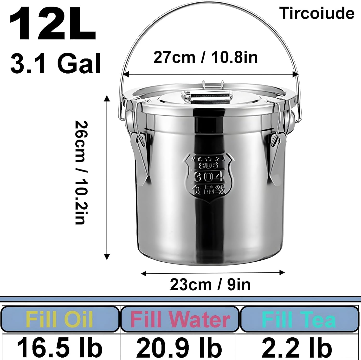 Stainless Steel Food Storage Containers with Lids Lock Clips Airtight Container 12L / 3.1 Gal Metal Rice Dispenser for Rice Flour Sugar Grain Coffee Bean Storage Containers Kitchen Jar