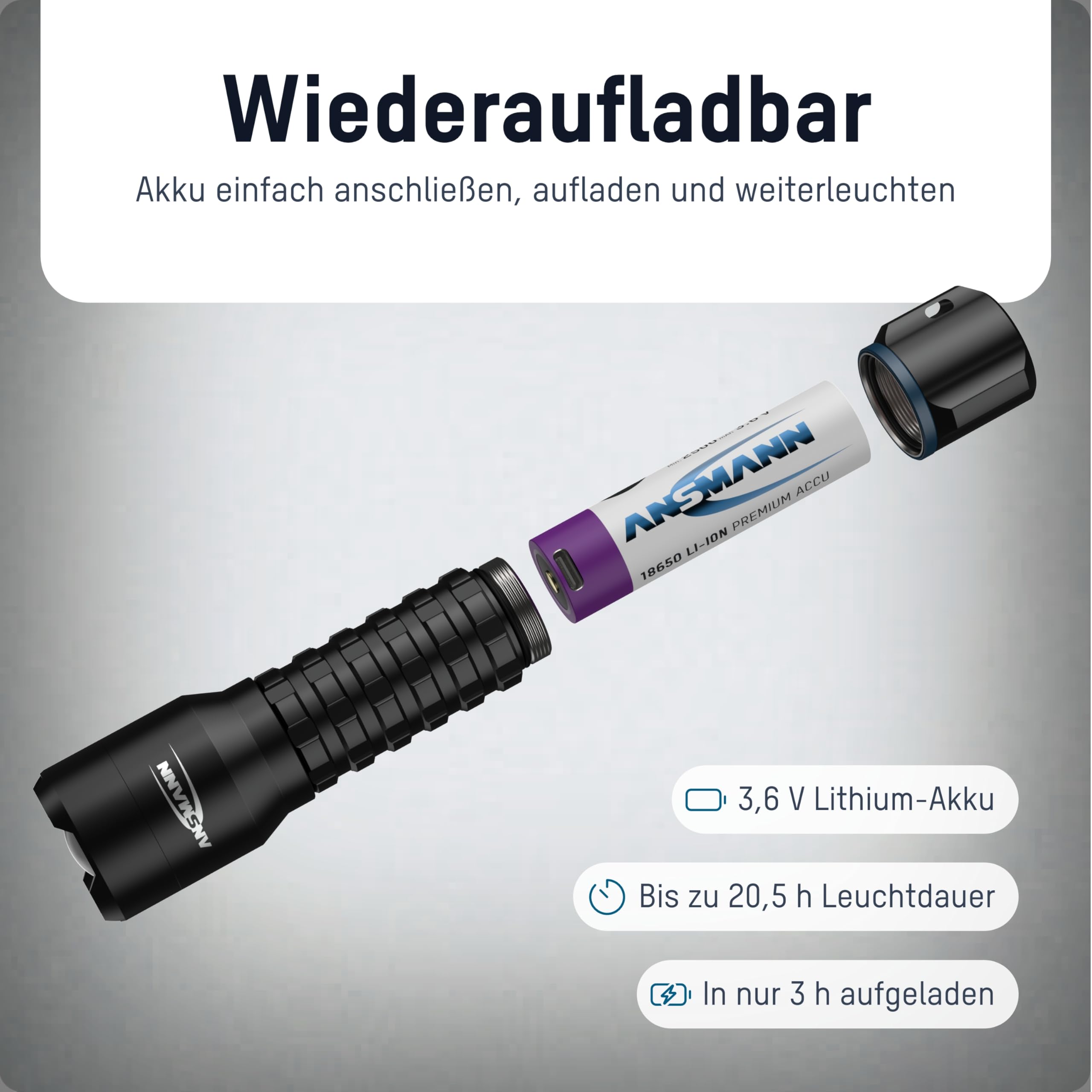 Ansmann Survival Taschenlampe 1020 Lumen, aufladbar per USB C Kabel, kompakt sehr hell und extrem lange Leuchtdauer, mehrere Lichtmodi, Outdoor LED Lampe zum wandern camping Notfall Ausrüstung