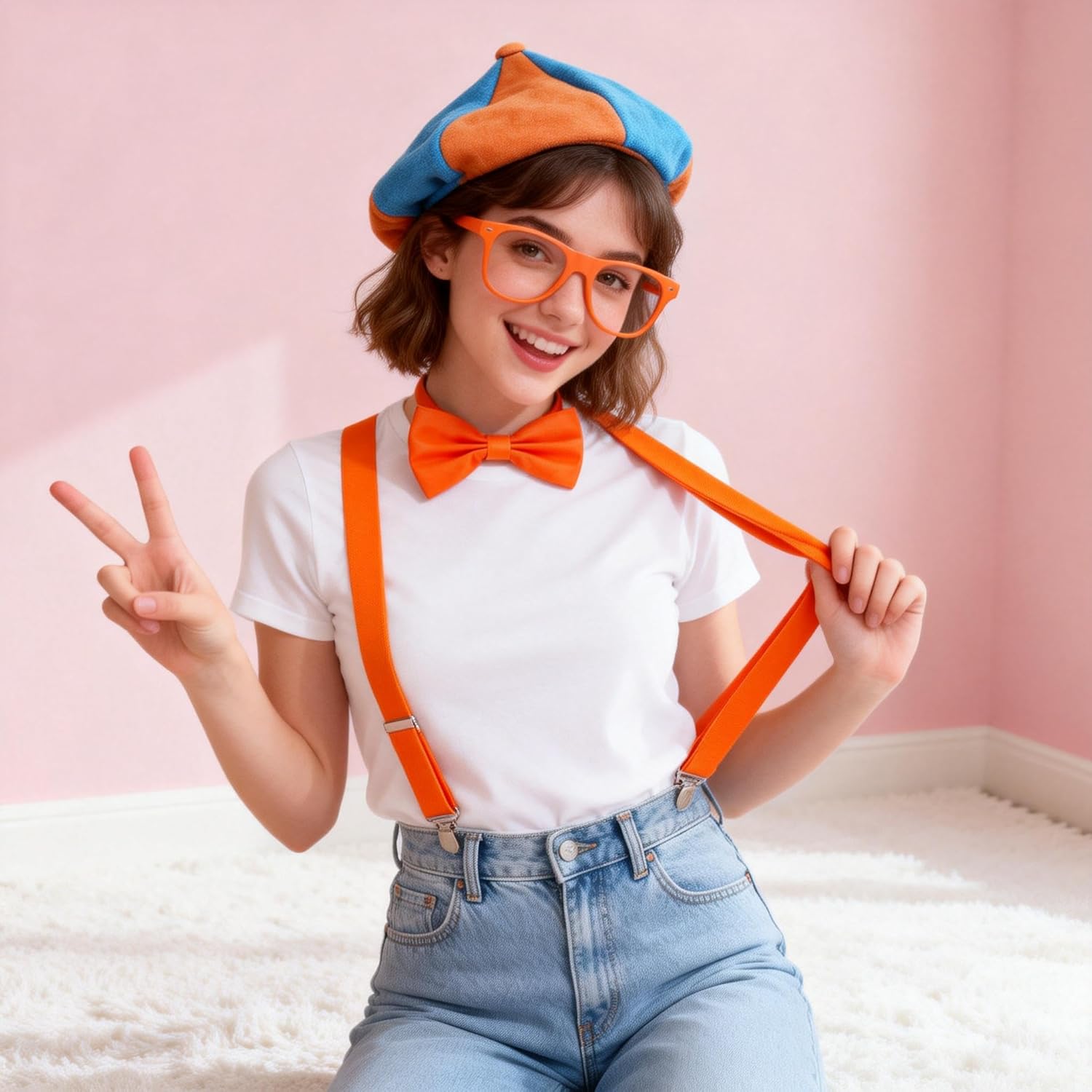 Blue Orange Hat,Orange Suspender,Bow-tie, Glasses, 4PCS Unisex Costume Accessory Set for Halloween Dress Up Party Supply - Image 5