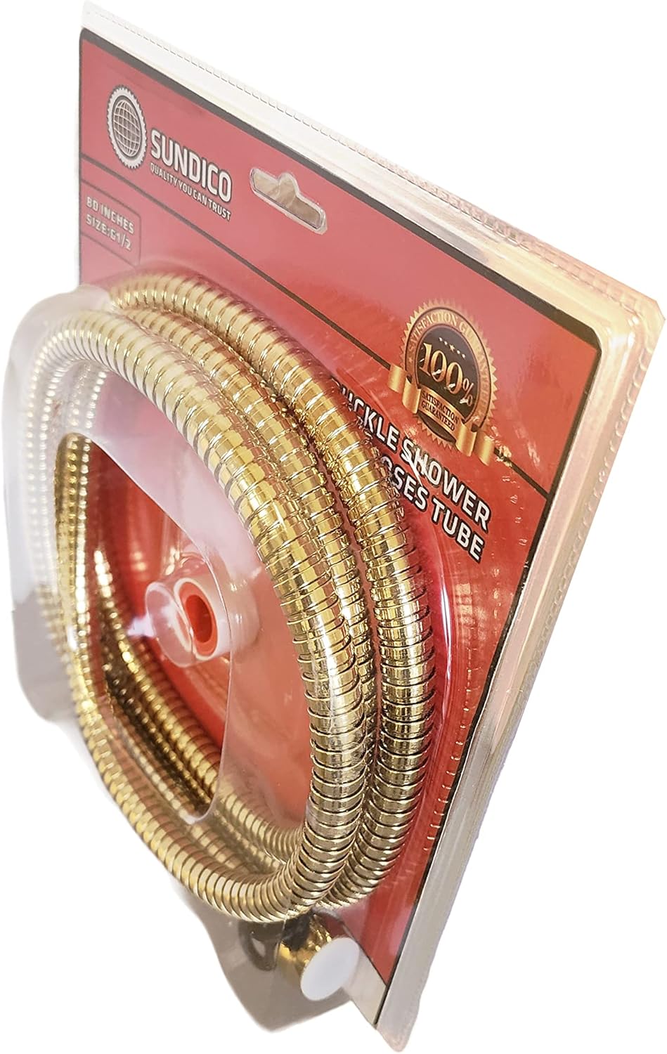Extra Long Premium 80 inches Flexible Stainless Steel Golden Double Buckle Shower Hose Tube Polyethylene Set includes the Plumbing Tape and 2 Additional Rubber Gaskets For Handheld Showerhead.