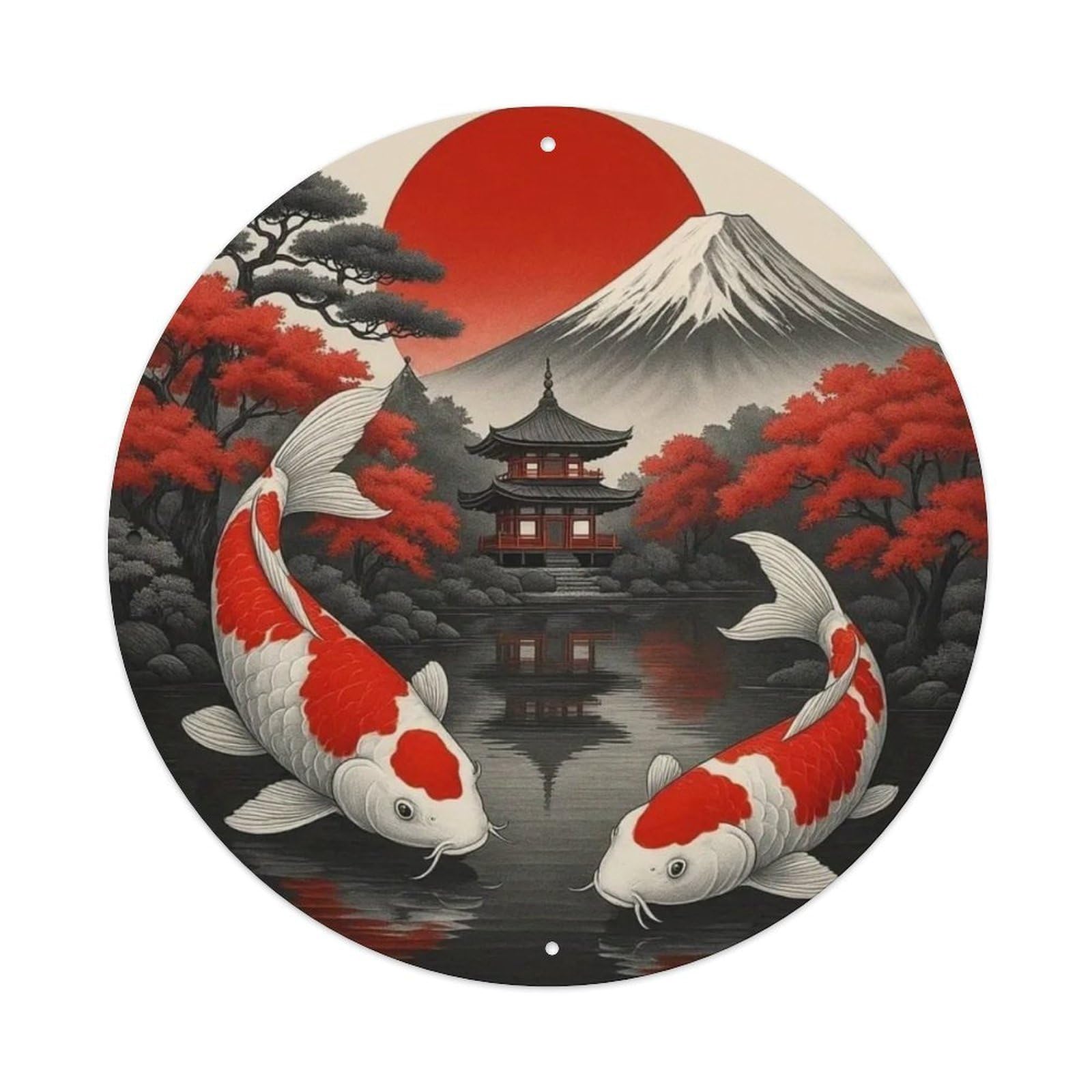 Igtefte Vintage Koi Fish & Mount Fuji Tin Sign Style Home Bar Garden Wall Plaque Decor Metal Poster 8X8 Inch