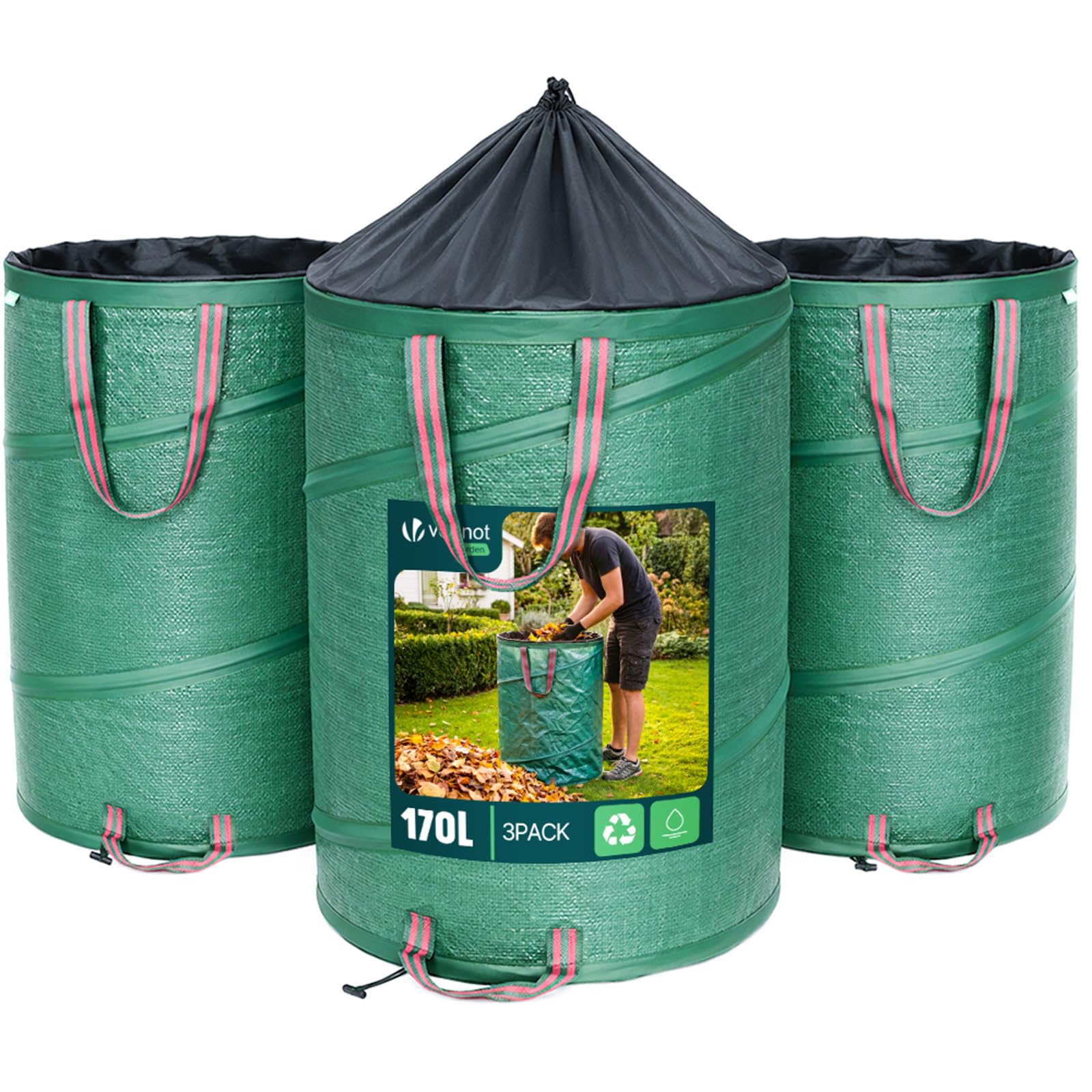 VOUNOT® 3 x Sacos Basura 170L Bolsas de Basura de Jardín Pop Up, Bolsa Residuos con Asas, Plegables y Reutilizables