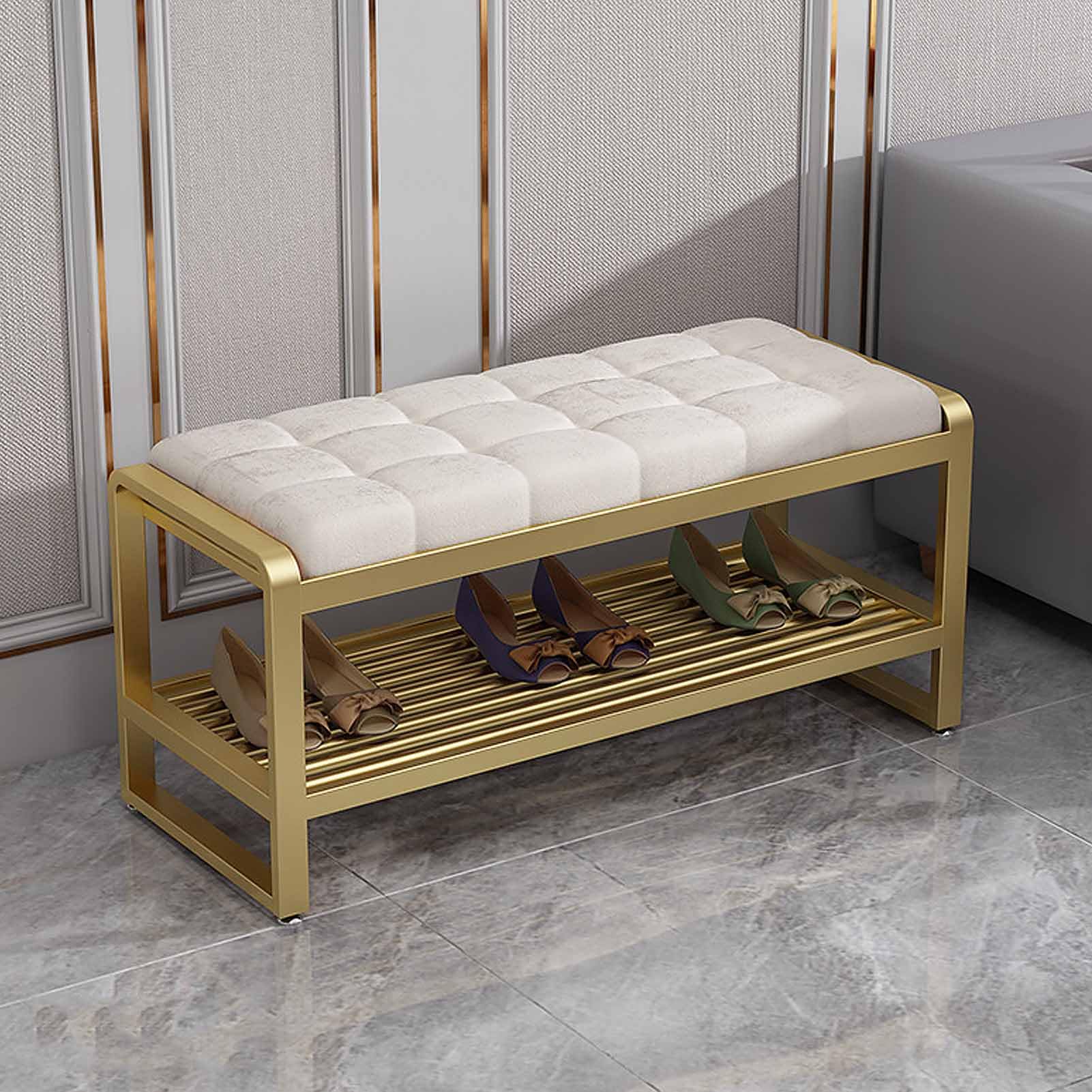 WJFTODAY 2 Tier Shoe Rack Bench Gold Metal Frame with Plush Velvet Seat Stylish Storage Solution for Entryway Living Room & Home nization Space Saving Shoe