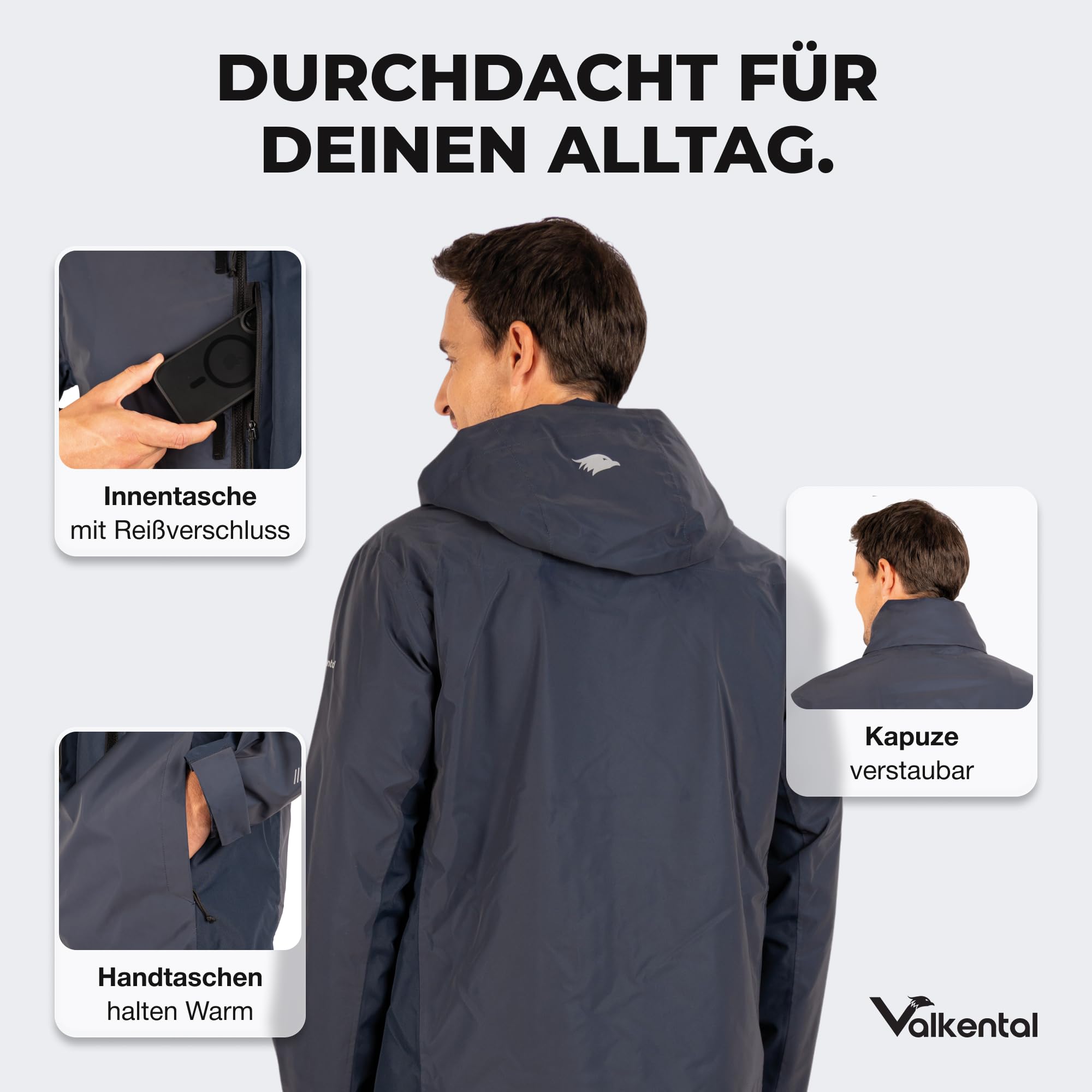 Valkental - Reflektierende & Wasserdichte 3in1 Jacke Herren [Fleece Zipp-In & Verstaubare Kapuze] Geeignet als Winterjacke, Regenjacke & Fahrradjacke - 10.000mm Wassersäule - Doppel Reißverschluss