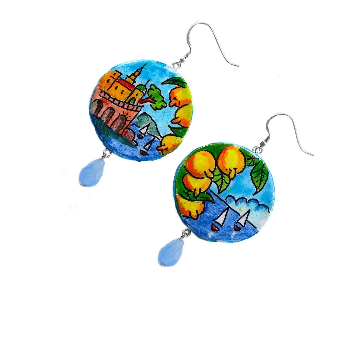 Boucles d'oreilles en céramique peintes à la main - AMALFI EN CÉRAMIQUE - Boucles d'oreilles pendantes pour femme, Bijoux en céramique peinte, Crochet en argent, Fabriqué en Italie, Bijoux, Artisanat