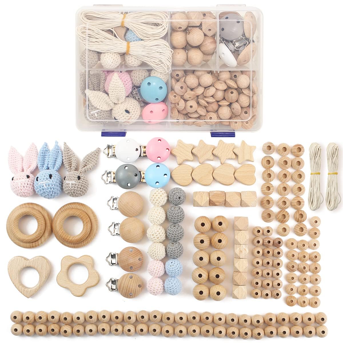 169 Stück Makramee Holzperlen Set, 138 Holzperlen, 12 Stück 20mm Häkelholzperlen, 8 Holzclips, 3 Stück Häkelhäschen,4 Stück Hölzerner Kreis 20m Bastelseile für DIY Schmuck, Heimwerker