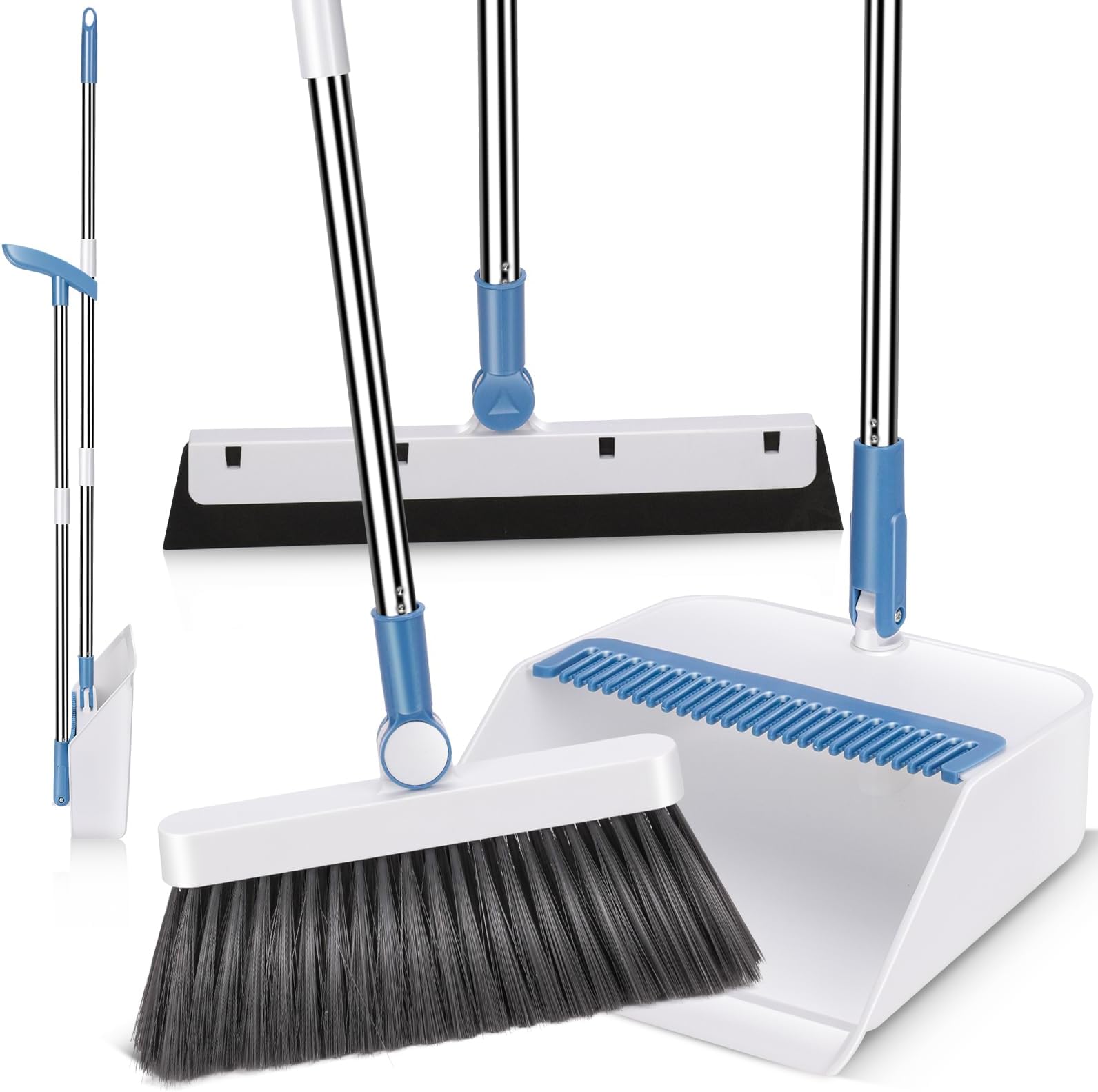 Broom and Dustpan Set,Masthome Long Handle Broom and Dustpan Set,Squeegee Broom and Brooms for Sweeping Indoor Set,Broom with Stand Up Dustpan Combo Set for Home, Office, Lobby (Blue+White)