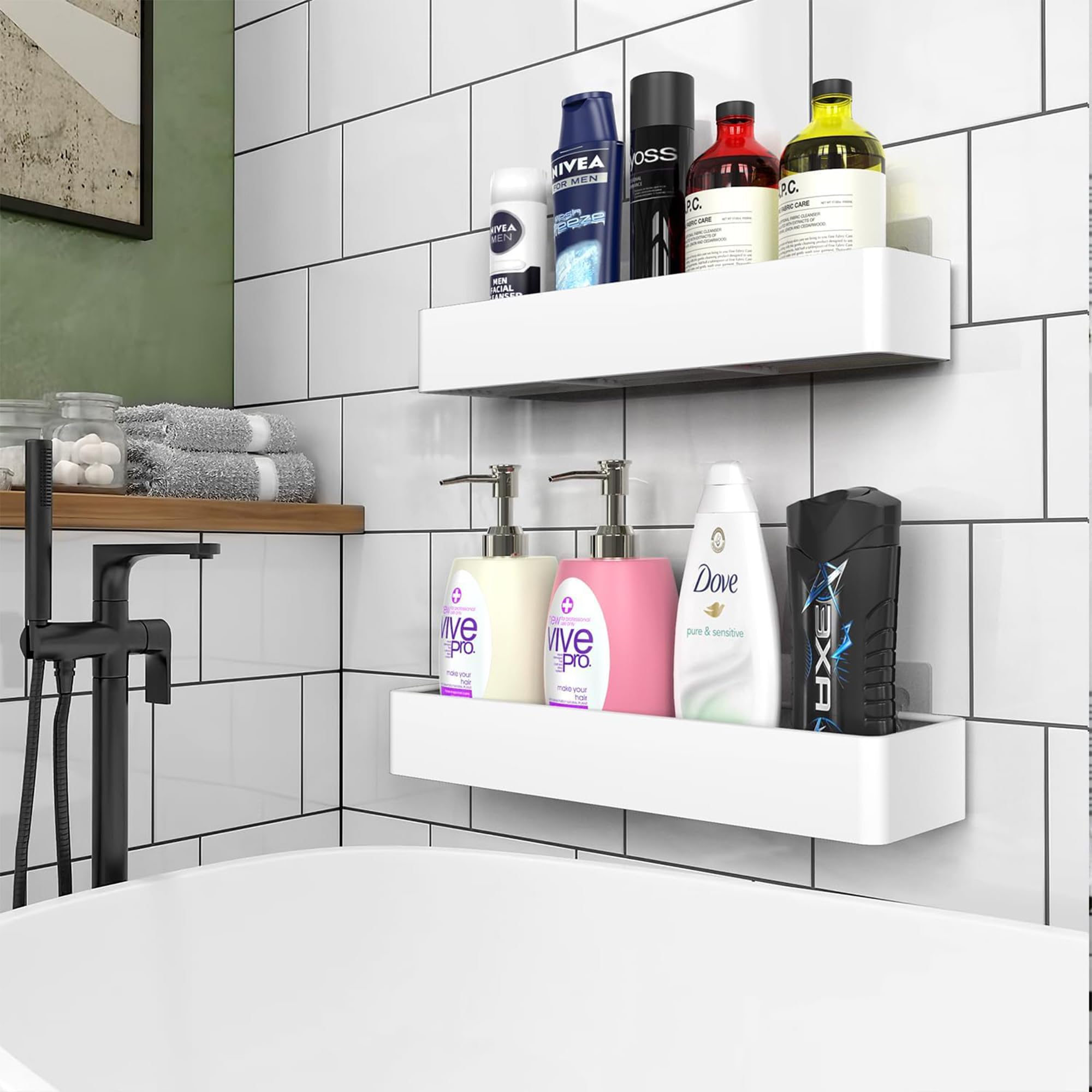Vinsani 2 Pack Rustproof Shower Caddy Shelf – Quick-Dry & Drill-Free Bathroom Organiser with 4 Hooks | Large Wall Mounted Adhesive Storage Rack for Shampoo, Soap & Accessories (White)