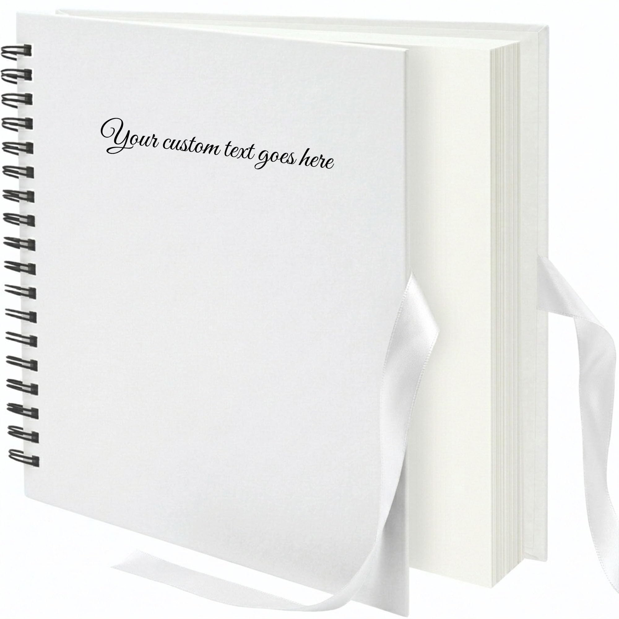 ARPAN Personalised Text Scrapbook Album Spiral Bound Photo Album 100 Pages Thick Paper DIY Memory Book for Wedding Birthday Travel Art Craft 26 x 25.5 cm Ribbon Closure (White Cover-White Sheet)