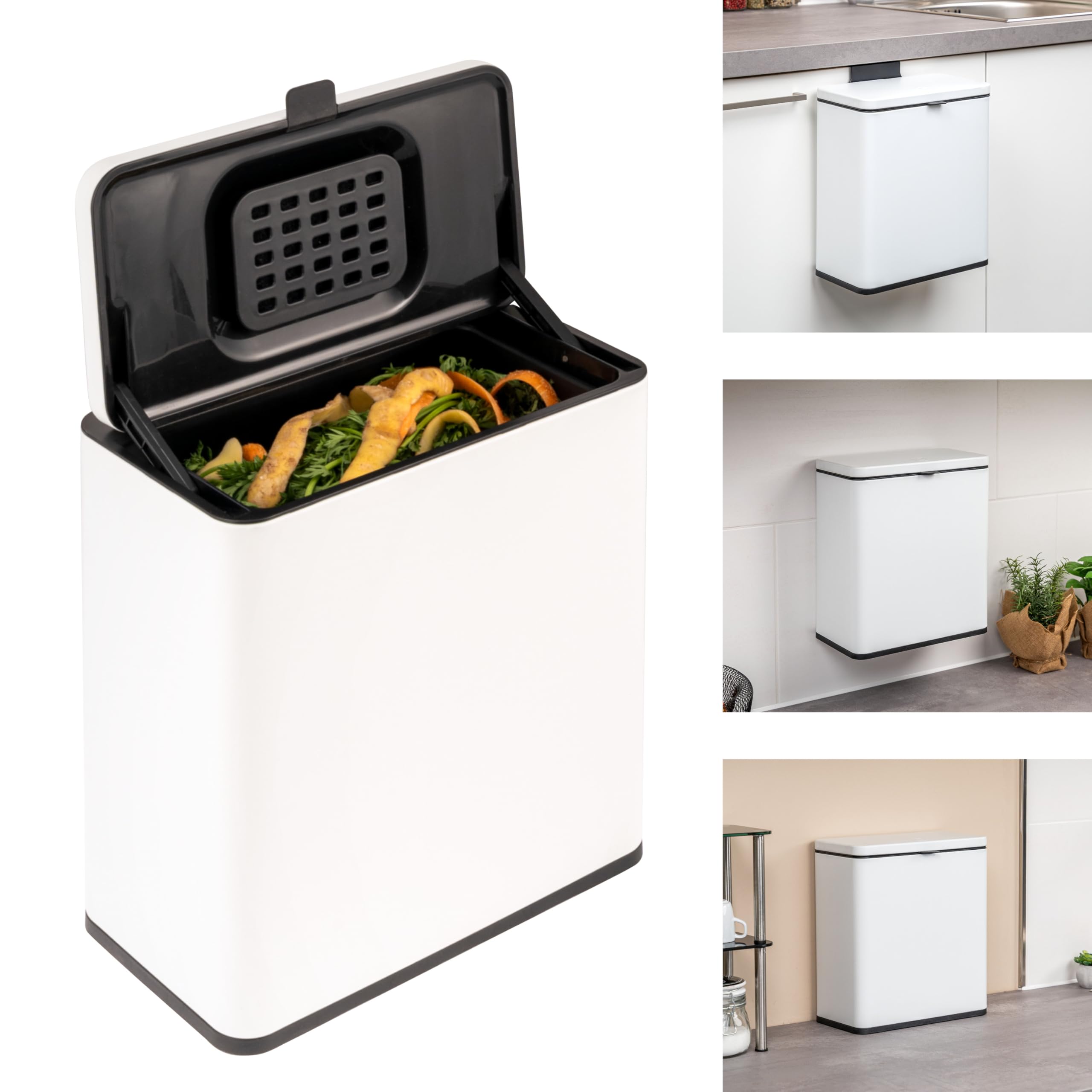eluno Biomülleimer 6L mit Geruchsfilter, zum Hängen, Stellen oder Kleben, Komposteimer, 3 Montagearten (Weiß)