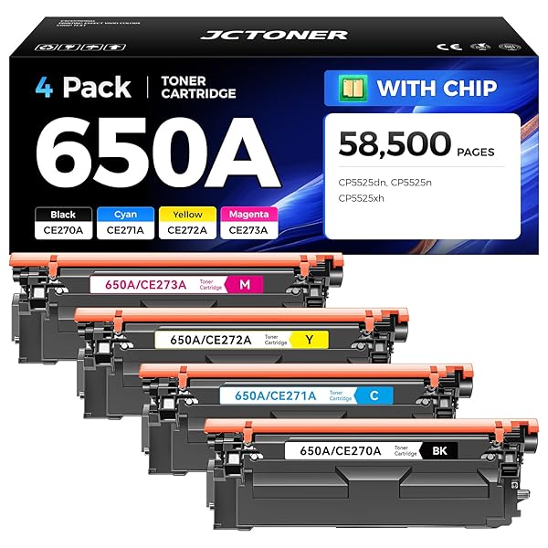 650A Toner Cartridge Set 4-Pack High Yield with Chip Replacement for HP 650A CE270A CE271A CE272A CE273A Compatible with HP Color LaserJet Enterprise CP5525 CP5525dn CP5525n CP5525xh Printer Ink Black