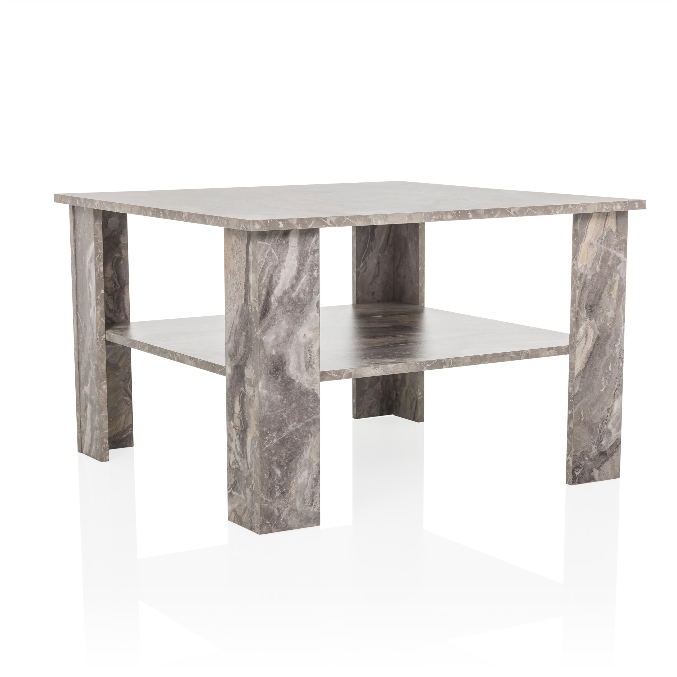 Couchtisch in Marmor-Optik 70x70 cm BISMO Wohnzimmertisch mit zusätzlicher Ablagefläche, Moderner Beistelltisch Quadratisch, Grau