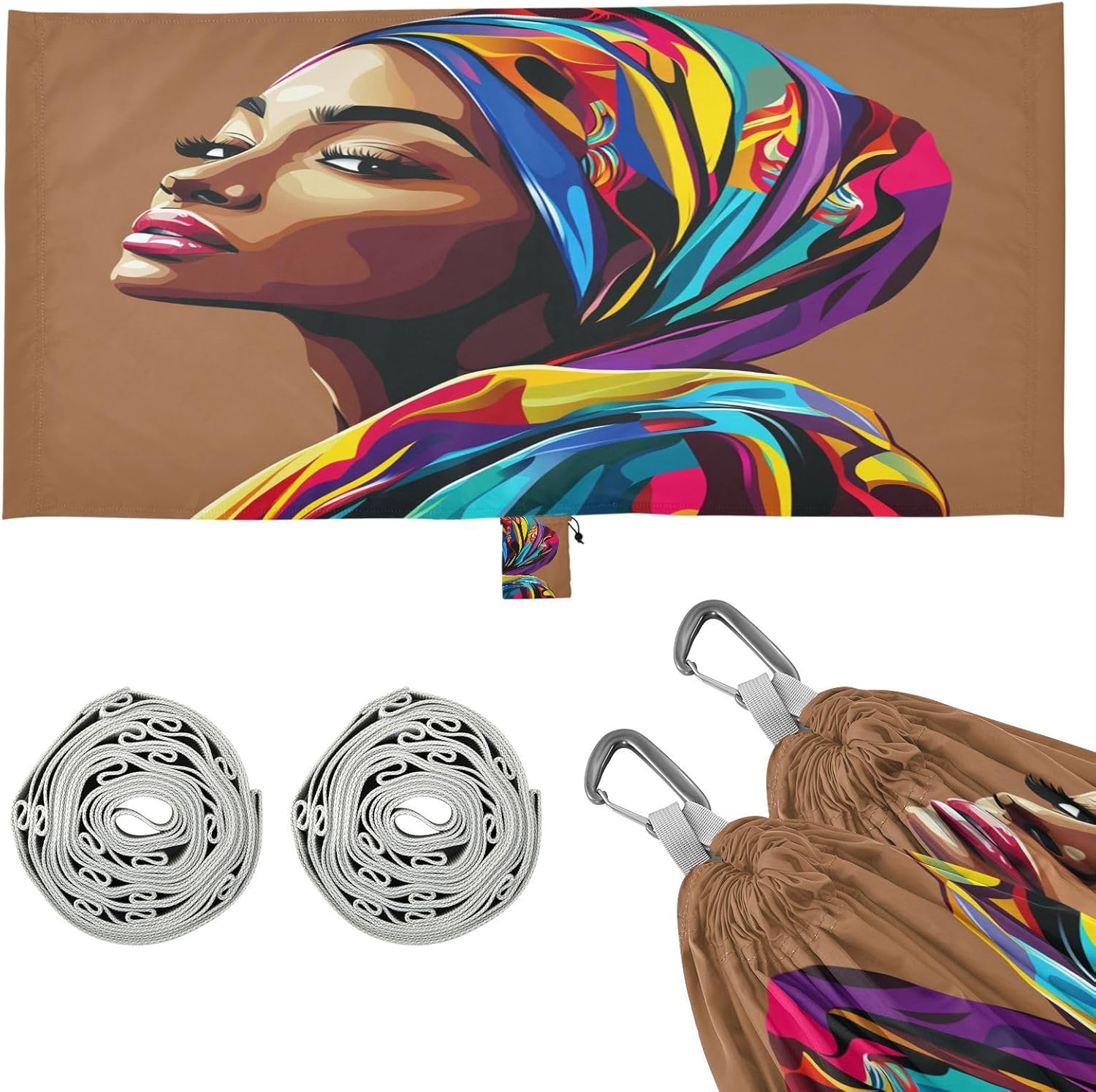 ALAZA African American Woman Portrait Camping Hammocks Single or 2 Person 500 lbs Portable Parachute Travel Hammock w/Tree Straps for Hiking Backpacking Indoor Outdoor