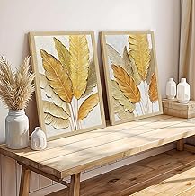 ArtX Paper Leaf Paintings For Living Room, Bedroom, Natural Wood Color Frames, Multicolor, 12.0 x 18.0 inch, Set of 2