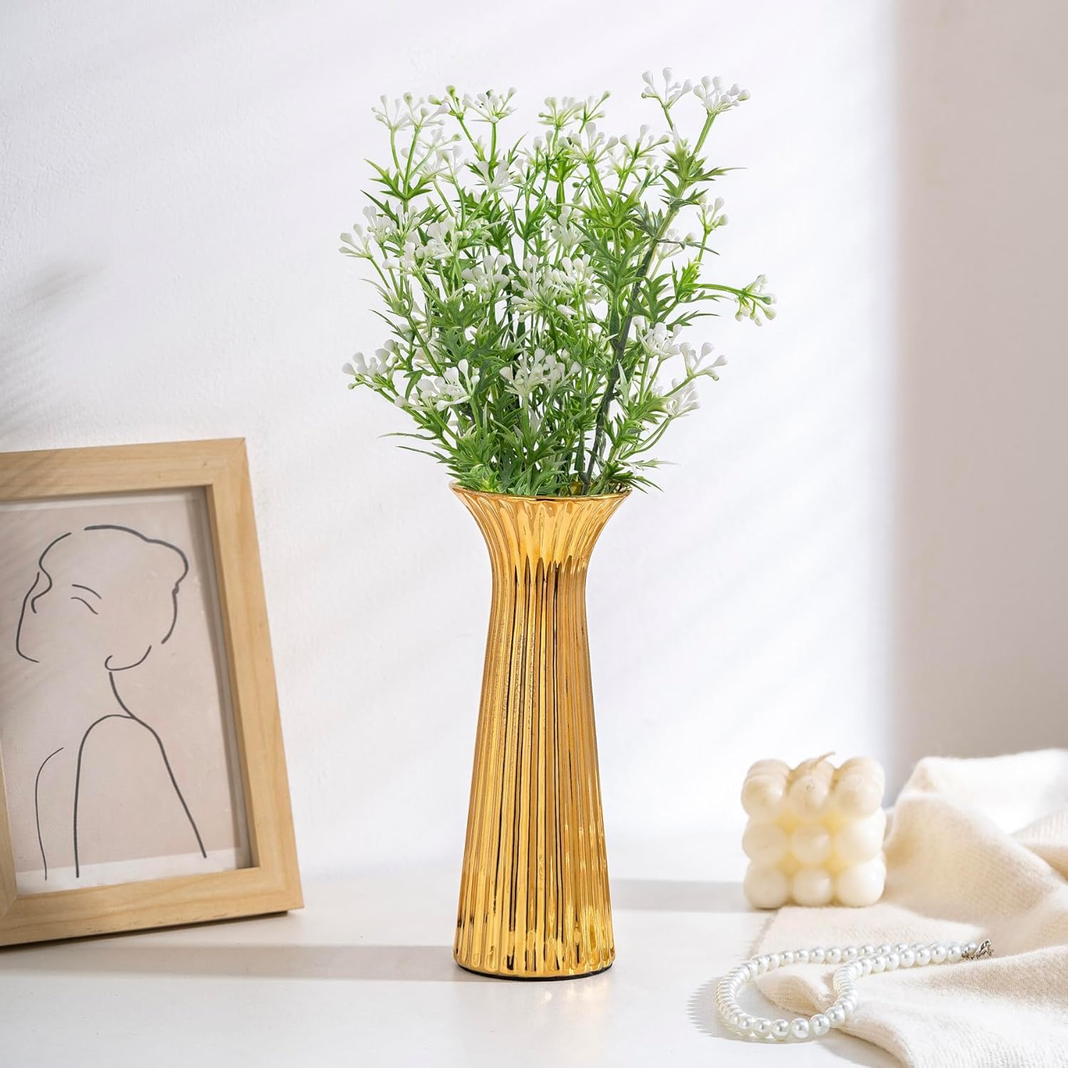 SURE YUESI 7.68” Gold Ribbed Ceramic Vase, Minimalist Farmhouse Vase for Pampas Grass, Centerpiece, Coffee Table, Kitchen, Office & Home Decor