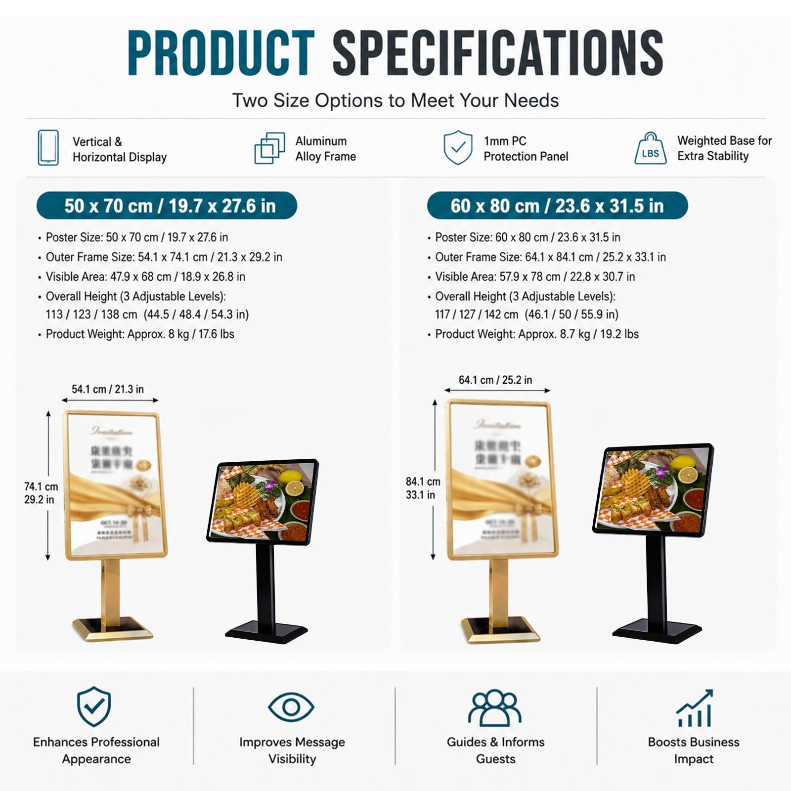 Espositor Comercial Moderno, Porta Cartel de Pie con Pelicula Protectora Transparente, Marco Menu Reversible para Publicidad e Indicador Direccion(Black,50x70)