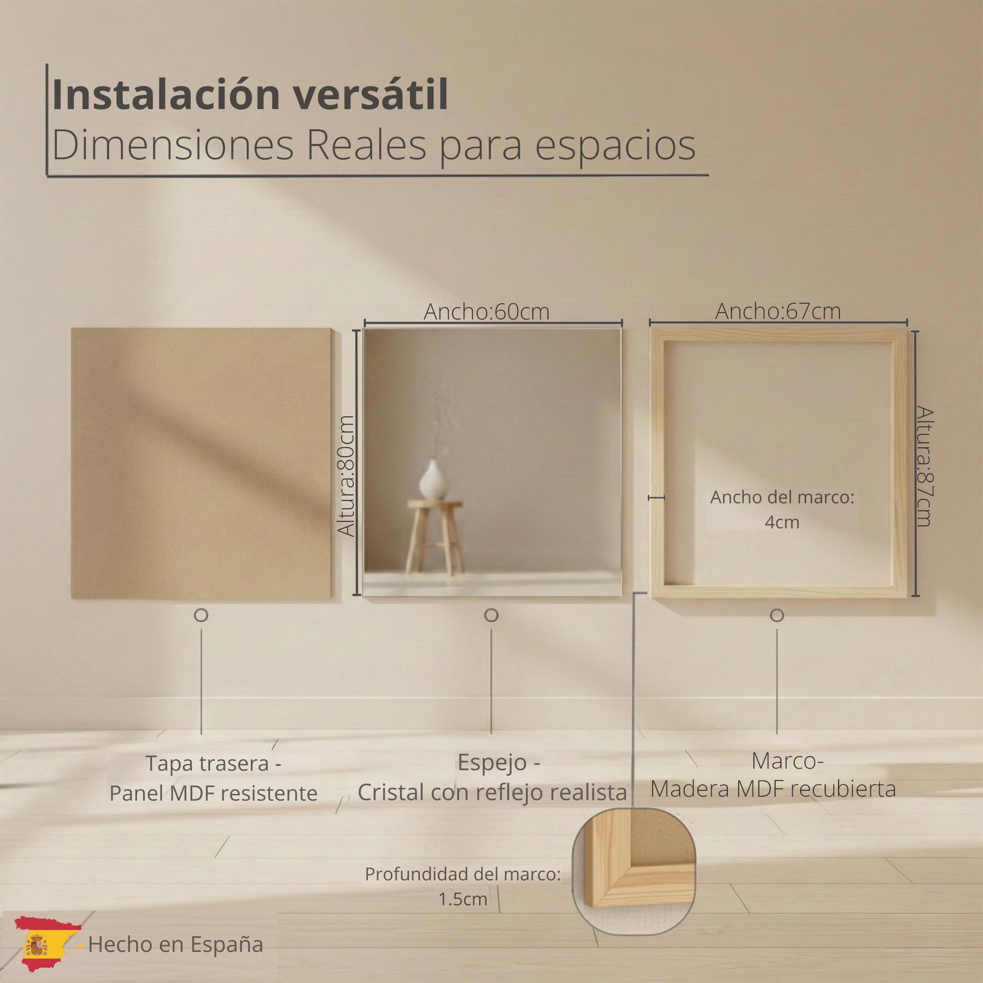 CHELY INTERMARKET MOD128 Espejo Pared Vertical Decorativo Grande Estilo Moderno Marco Madera Cuerpo Entero Elegante 60x80 cm Haya Ideal Recibidor Dormitorio Baño Incluye Kit Montaje
