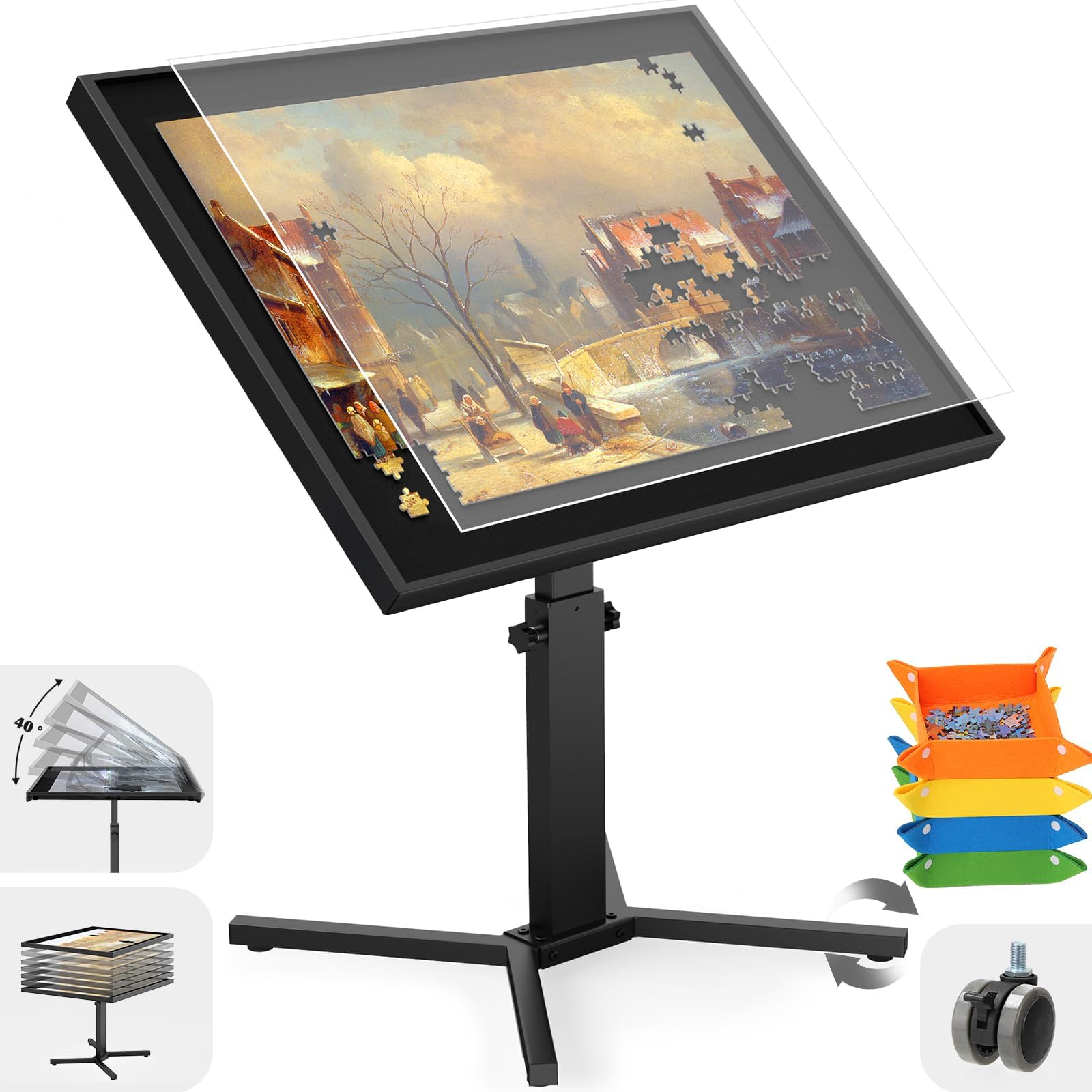 1500 Piece Jigsaw Puzzle Table with Legs, 28"x35" Large Puzzle Table for Adults, Adjustable Height &12 tilt Angles, Wooden Puzzle Board with 4 Sorting Trays & Cover, Birthday Gift for Family